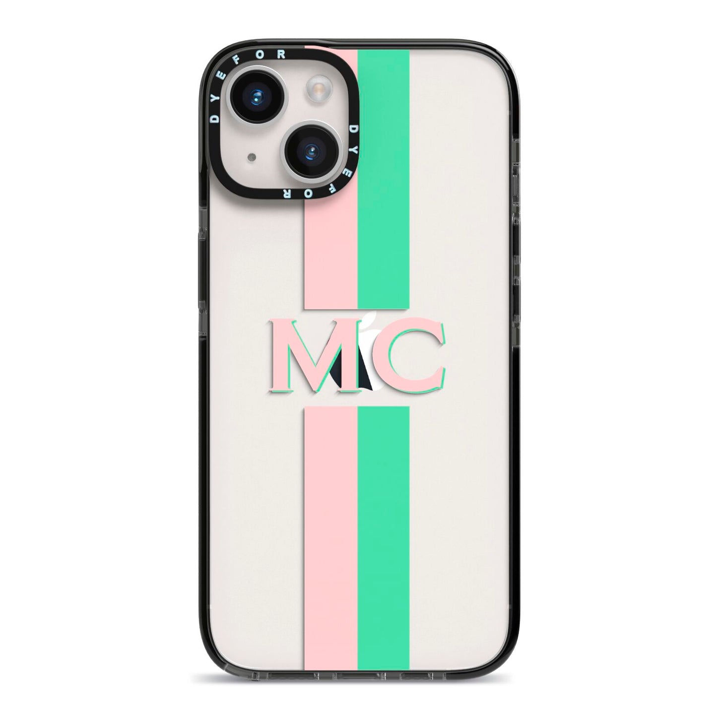 Personalised Transparent Striped Pink Green iPhone 14 Black Impact Case on Silver phone