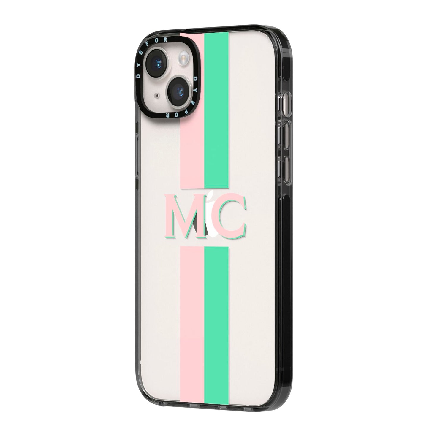 Personalised Transparent Striped Pink Green iPhone 14 Plus Black Impact Case Side Angle on Silver phone