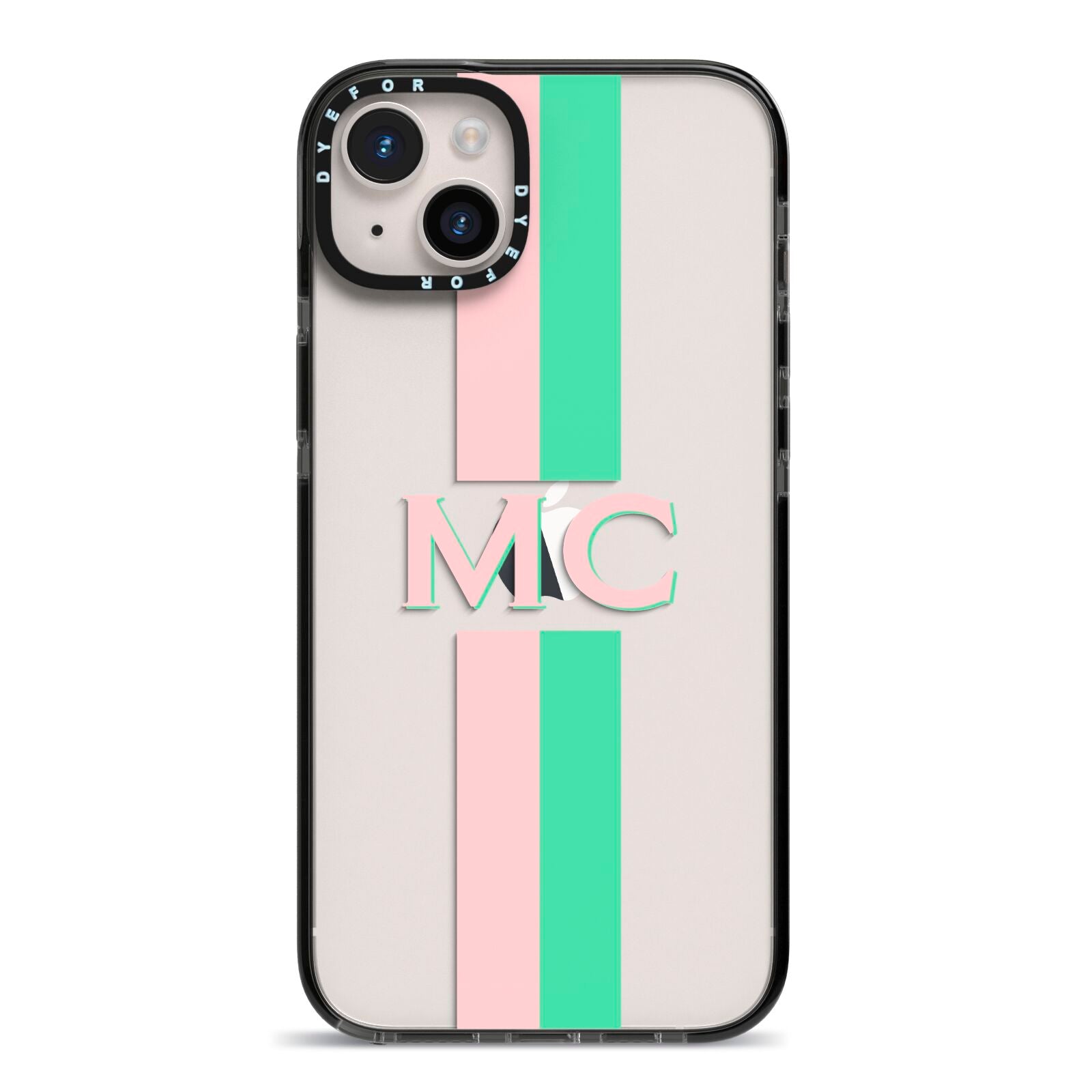 Personalised Transparent Striped Pink Green iPhone 14 Plus Black Impact Case on Silver phone