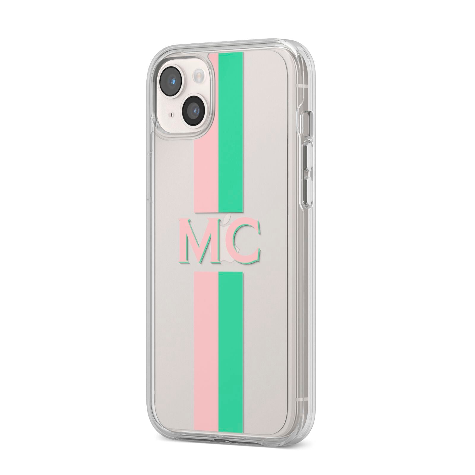 Personalised Transparent Striped Pink Green iPhone 14 Plus Clear Tough Case Starlight Angled Image