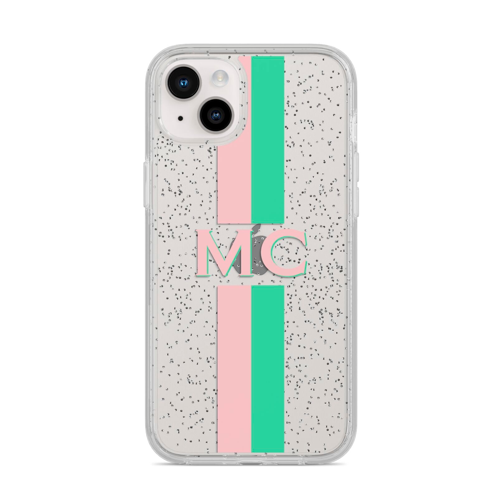 Personalised Transparent Striped Pink Green iPhone 14 Plus Glitter Tough Case Starlight