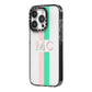 Personalised Transparent Striped Pink Green iPhone 14 Pro Black Impact Case Side Angle on Silver phone