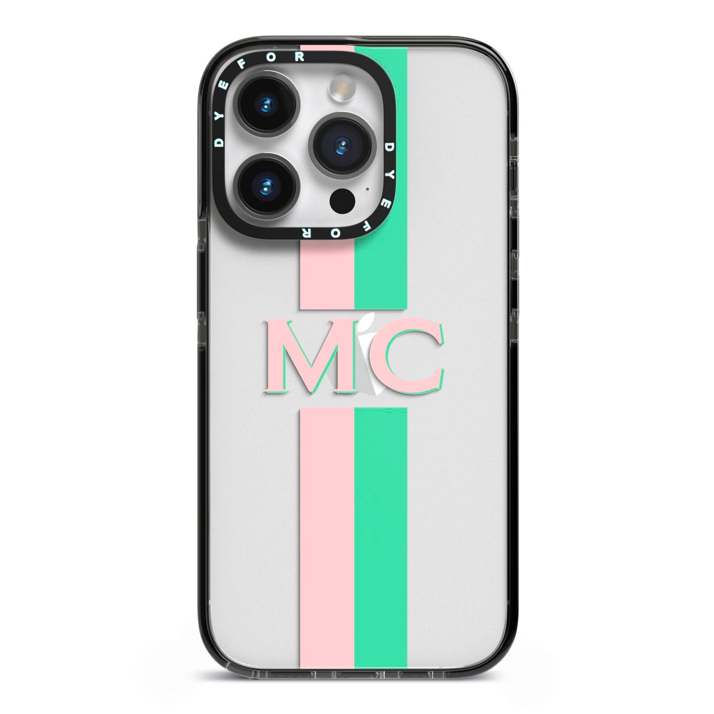 Personalised Transparent Striped Pink Green iPhone 14 Pro Black Impact Case on Silver phone