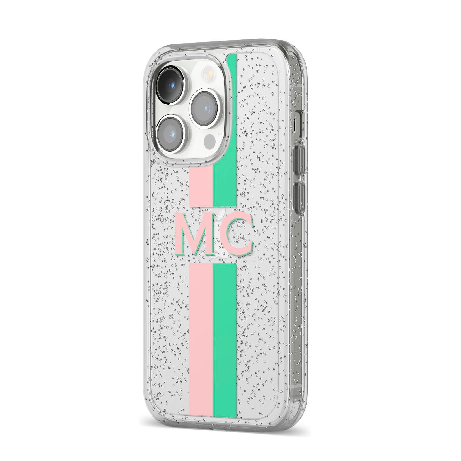 Personalised Transparent Striped Pink Green iPhone 14 Pro Glitter Tough Case Silver Angled Image