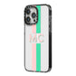 Personalised Transparent Striped Pink Green iPhone 14 Pro Max Black Impact Case Side Angle on Silver phone