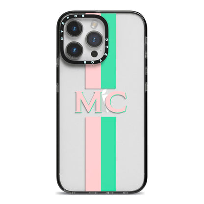 Personalised Transparent Striped Pink Green iPhone 14 Pro Max Black Impact Case on Silver phone