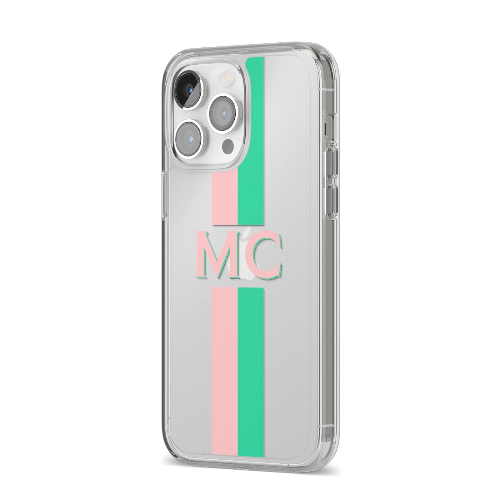Personalised Transparent Striped Pink Green iPhone 14 Pro Max Clear Tough Case Silver Angled Image