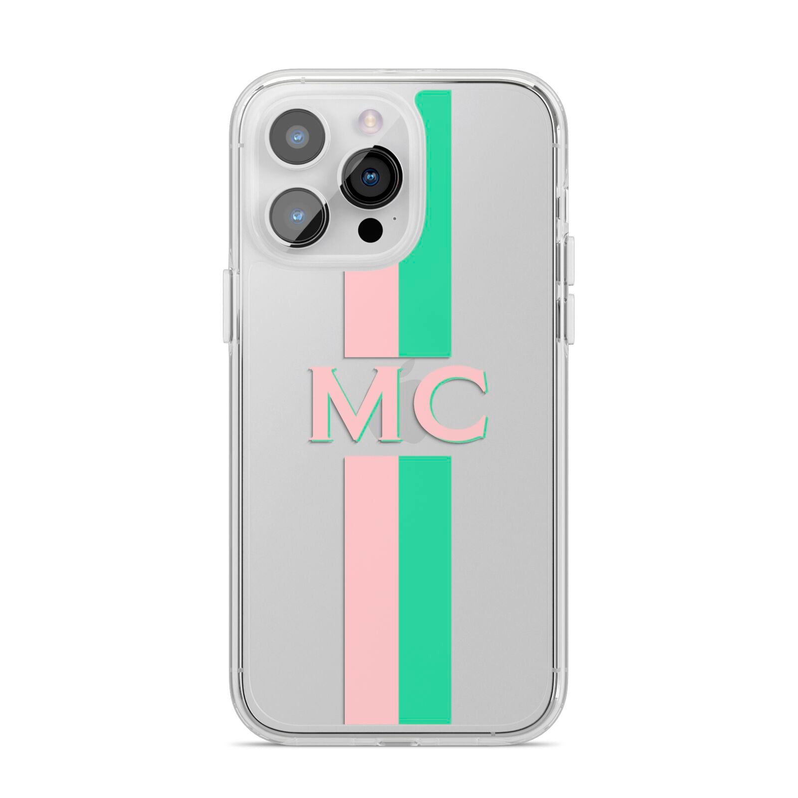 Personalised Transparent Striped Pink Green iPhone 14 Pro Max Clear Tough Case Silver