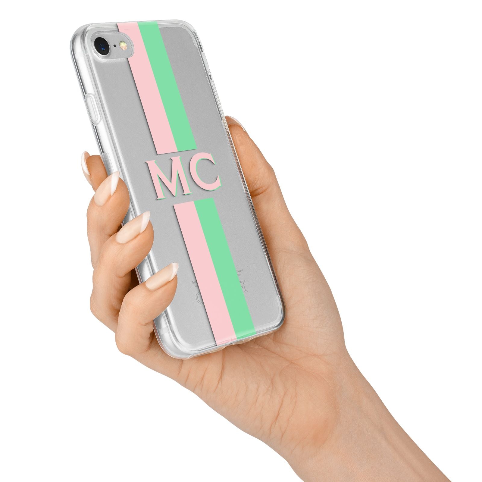 Personalised Transparent Striped Pink Green iPhone 7 Bumper Case on Silver iPhone Alternative Image