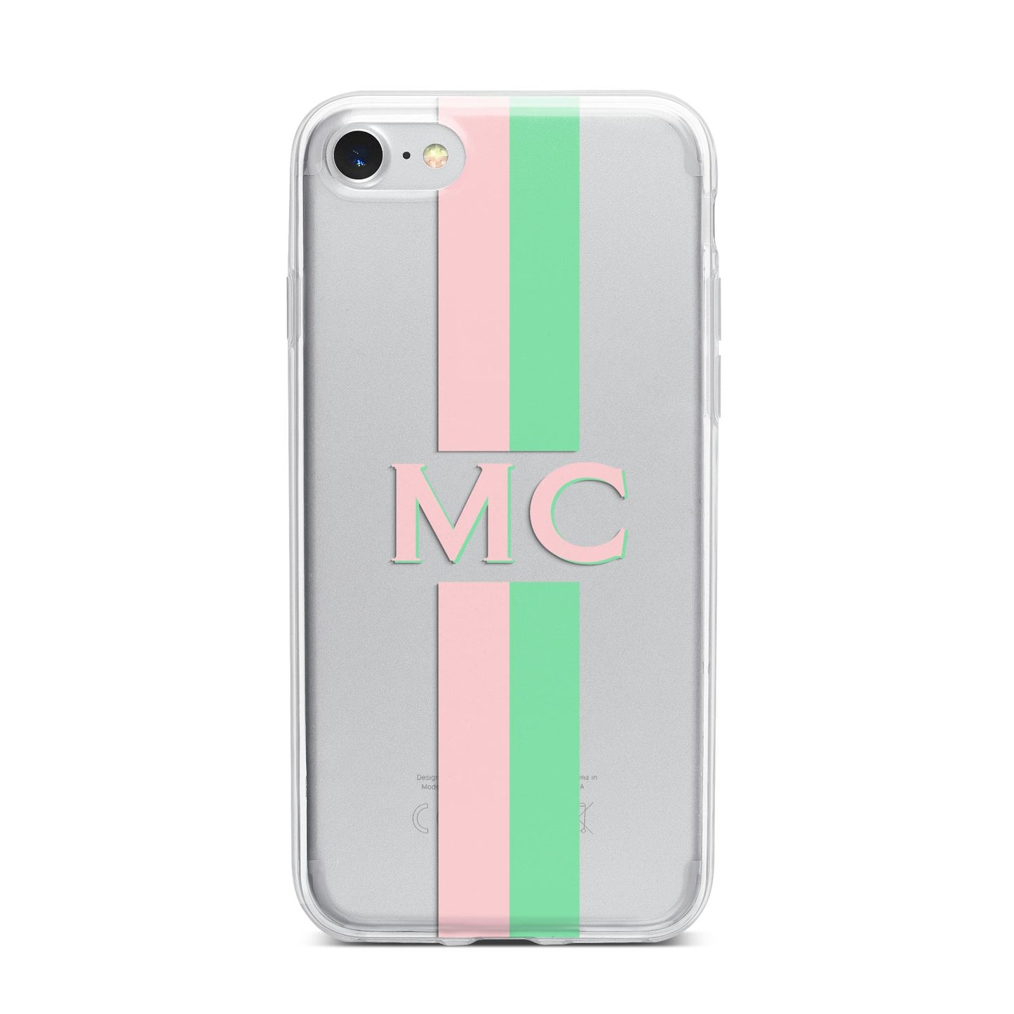 Personalised Transparent Striped Pink Green iPhone 7 Bumper Case on Silver iPhone