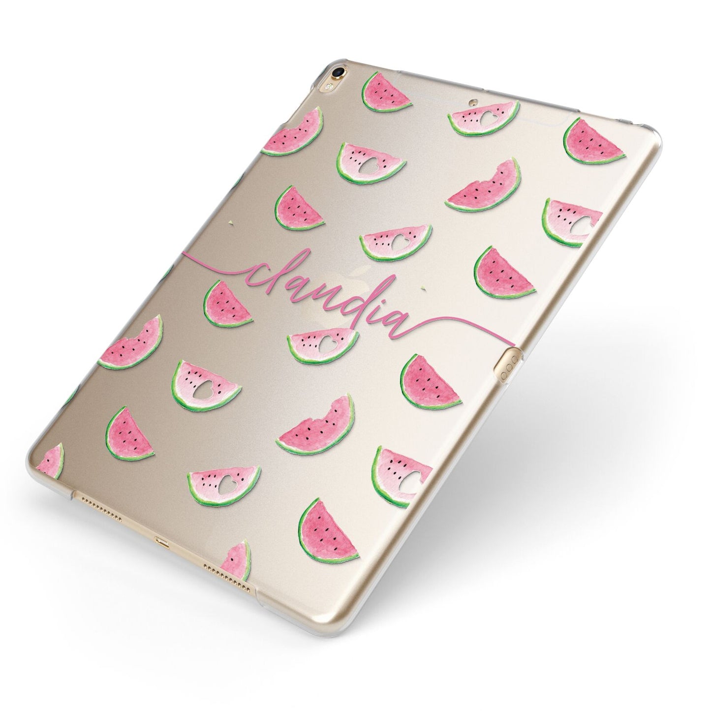 Personalised Transparent Watermelon Apple iPad Case on Gold iPad Side View