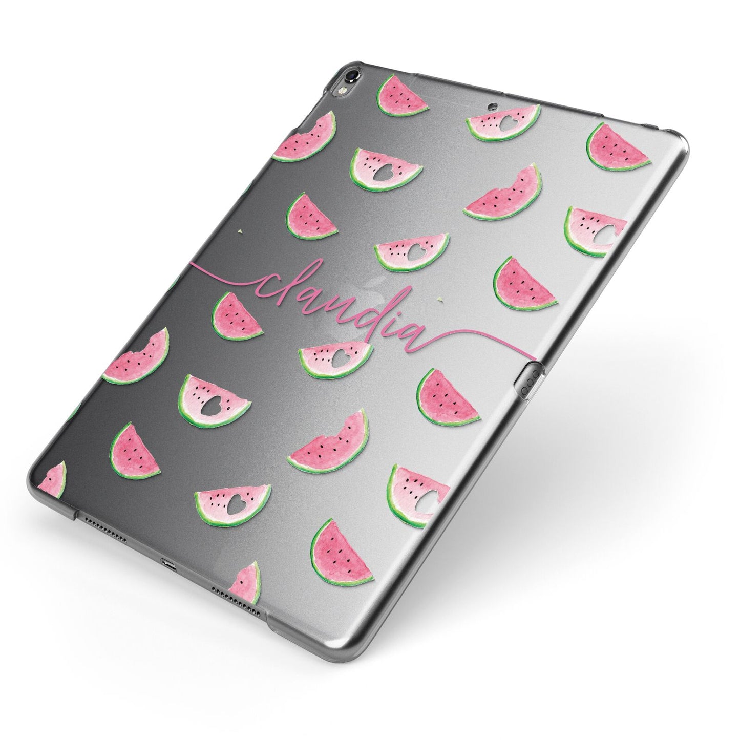 Personalised Transparent Watermelon Apple iPad Case on Grey iPad Side View