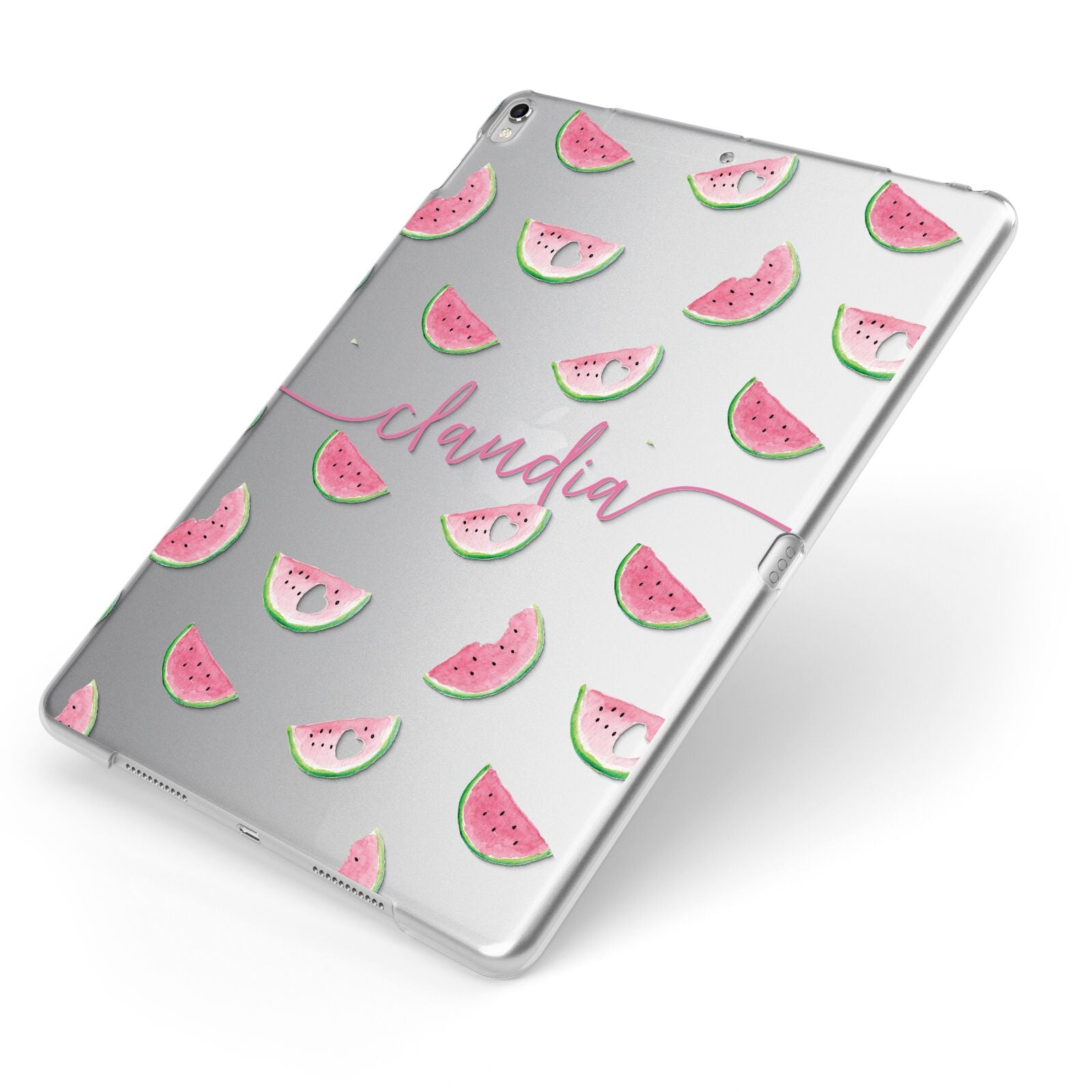 Personalised Transparent Watermelon Apple iPad Case on Silver iPad Side View