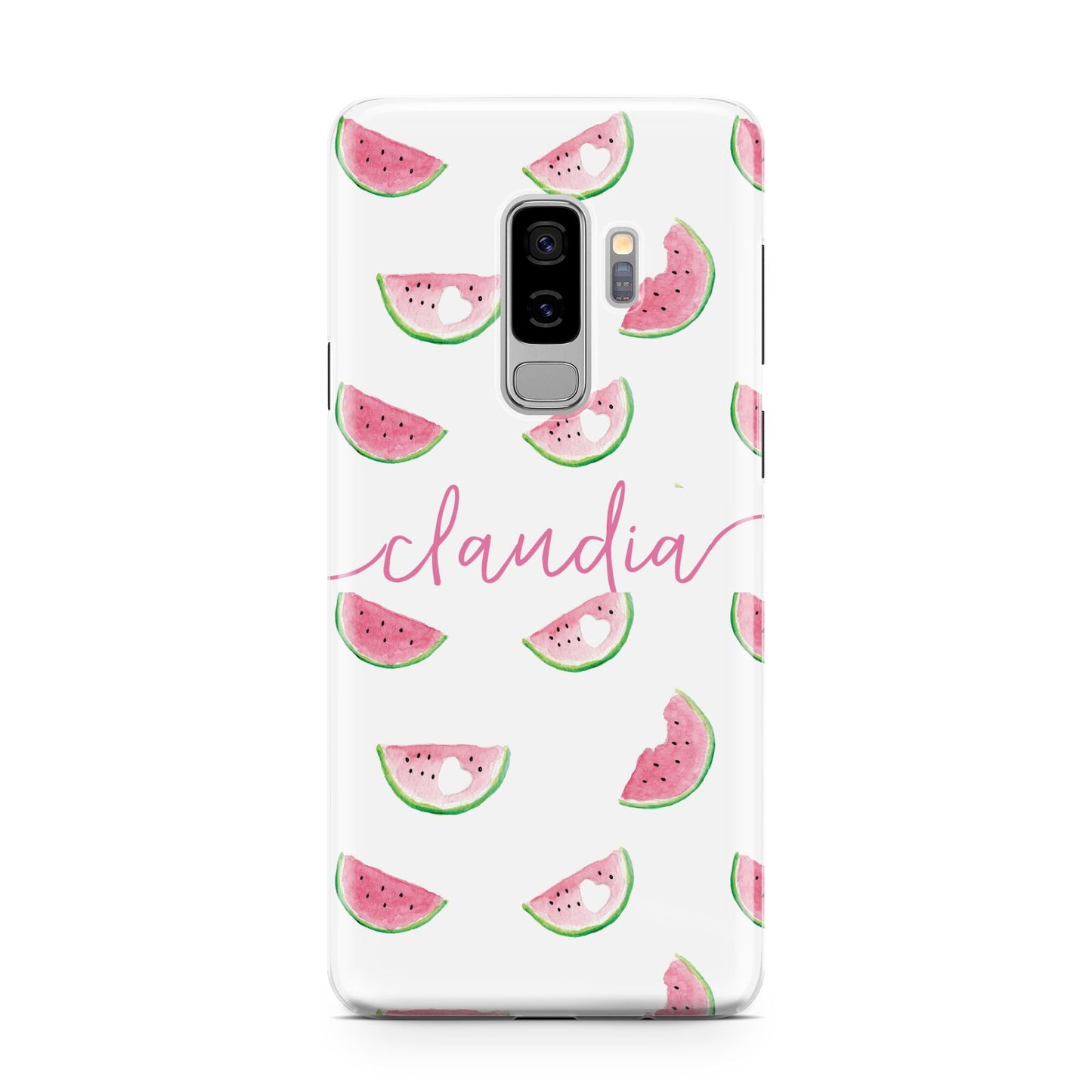 Personalised Transparent Watermelon Samsung Galaxy S9 Plus Case on Silver phone