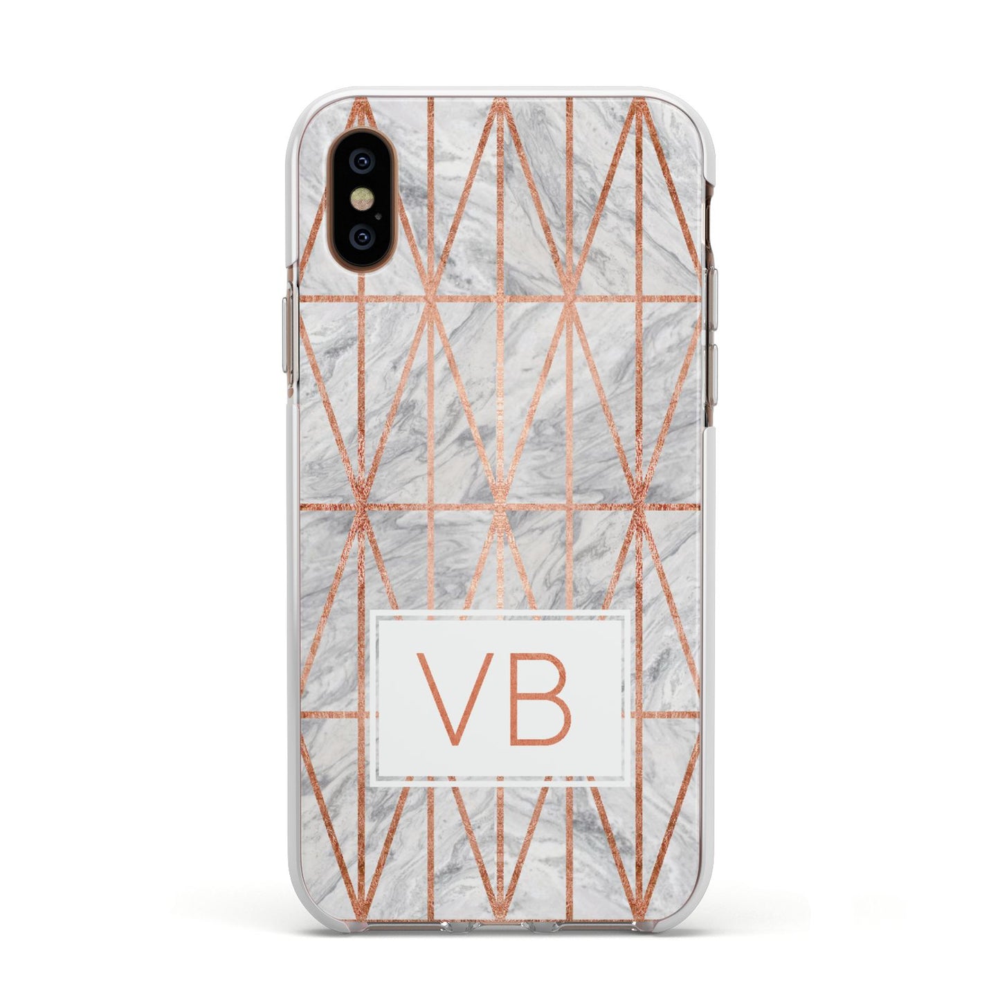 Personalised Triangular Marble Initials Apple iPhone Xs Impact Case White Edge on Gold Phone