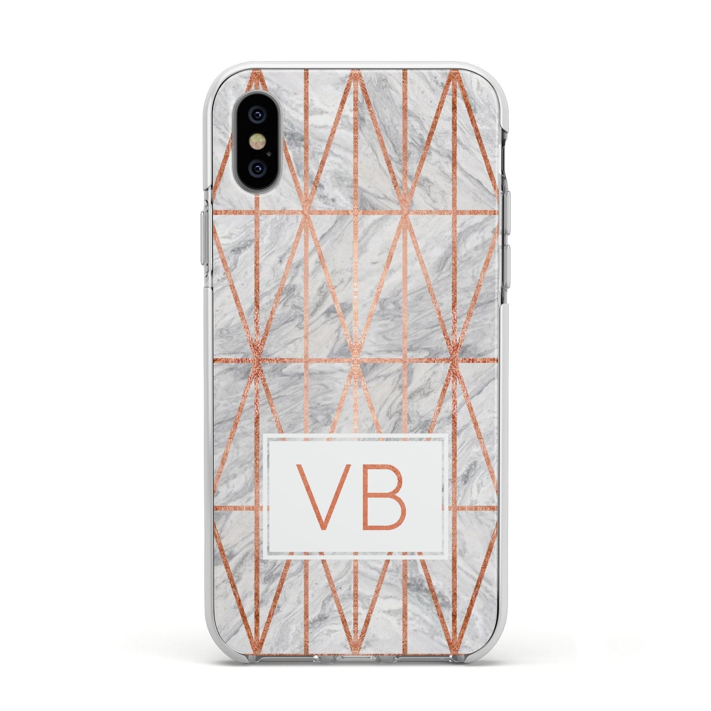 Personalised Triangular Marble Initials Apple iPhone Xs Impact Case White Edge on Silver Phone