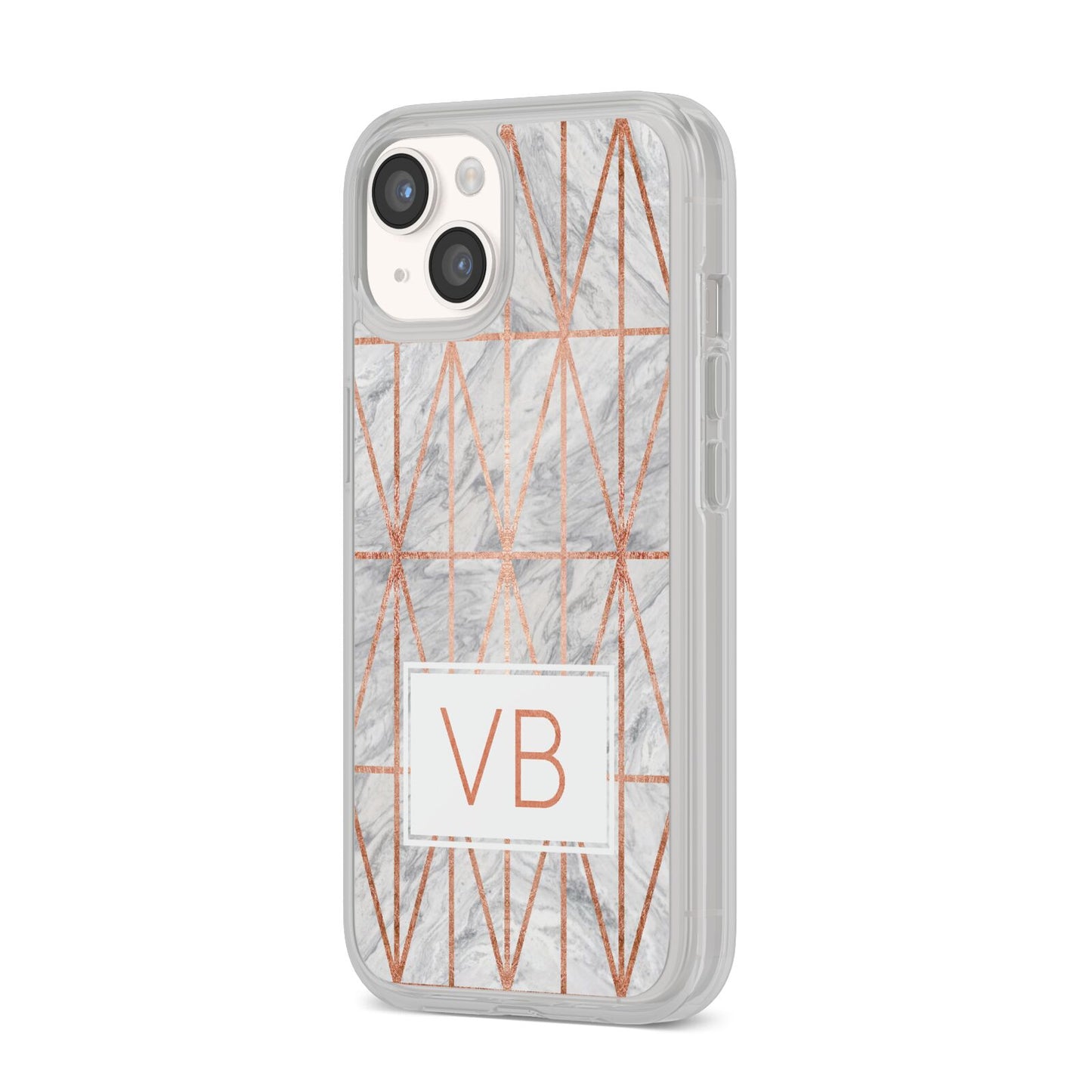 Personalised Triangular Marble Initials iPhone 14 Clear Tough Case Starlight Angled Image