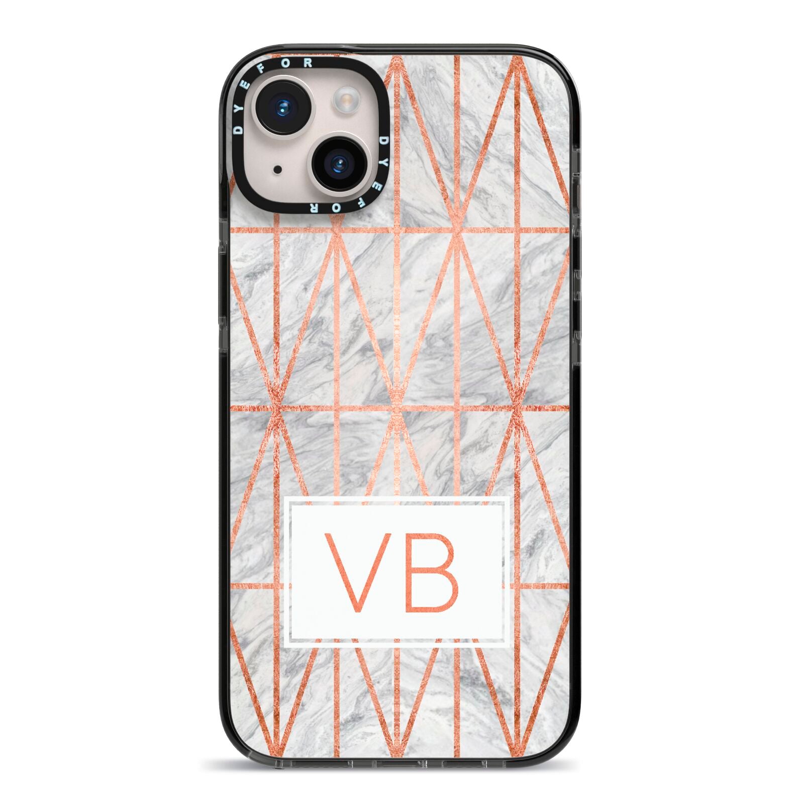 Personalised Triangular Marble Initials iPhone 14 Plus Black Impact Case on Silver phone