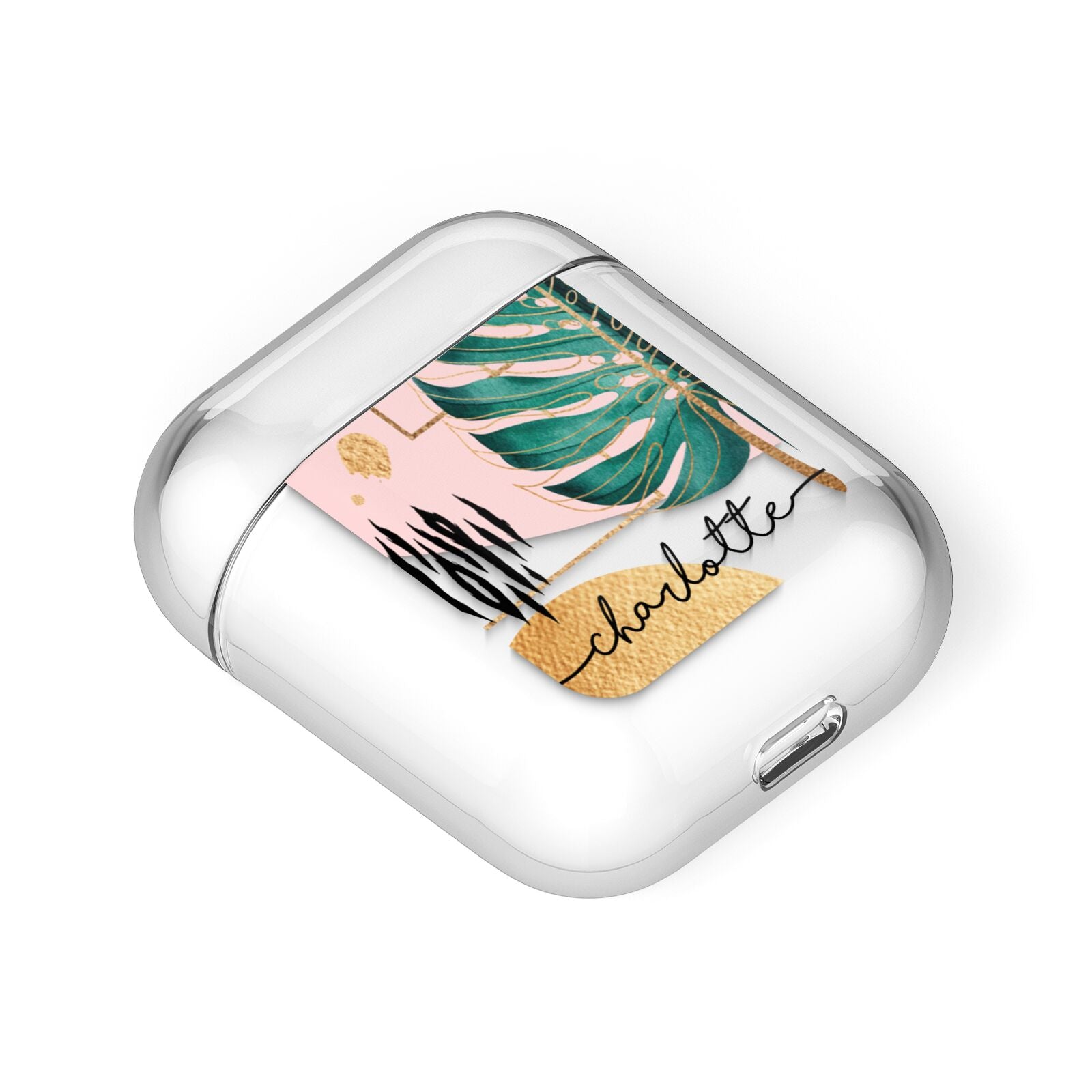 Personalised Tropical Fan Leaf AirPods Case Laid Flat