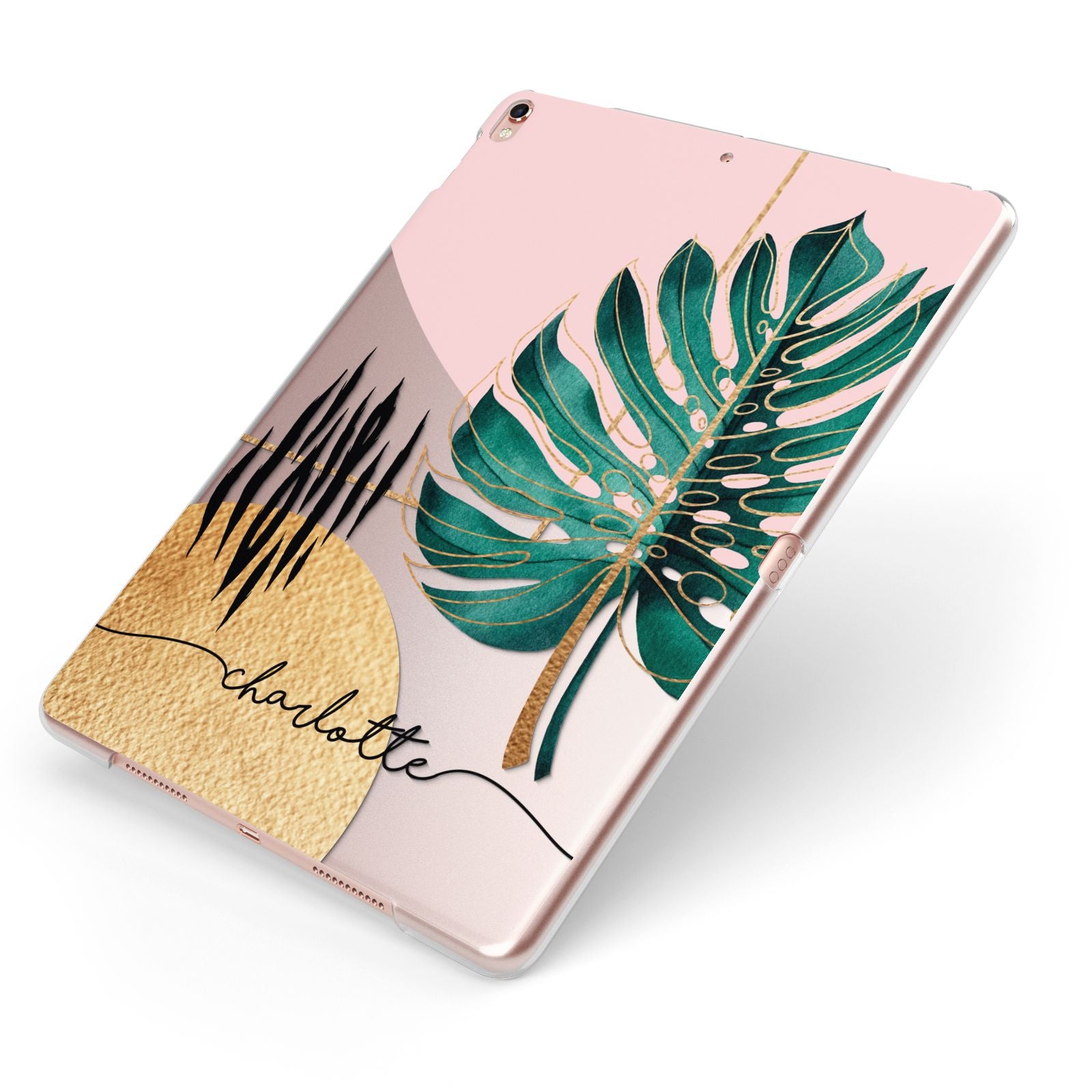 Personalised Tropical Fan Leaf Apple iPad Case on Rose Gold iPad Side View