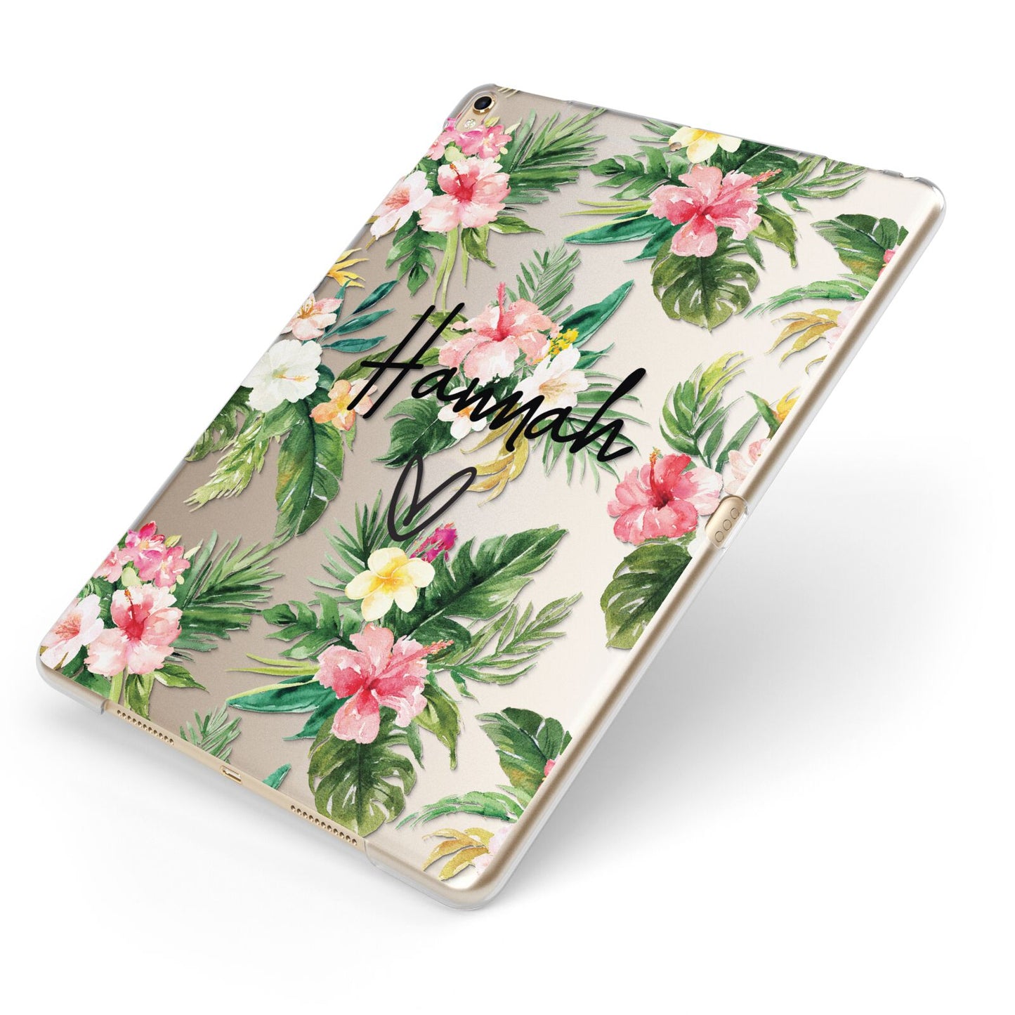 Personalised Tropical Floral Pink Apple iPad Case on Gold iPad Side View
