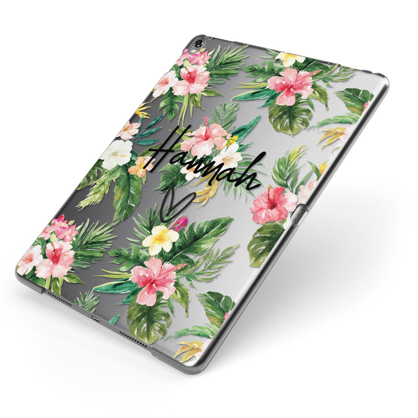 Personalised Tropical Floral Pink Apple iPad Case on Grey iPad Side View