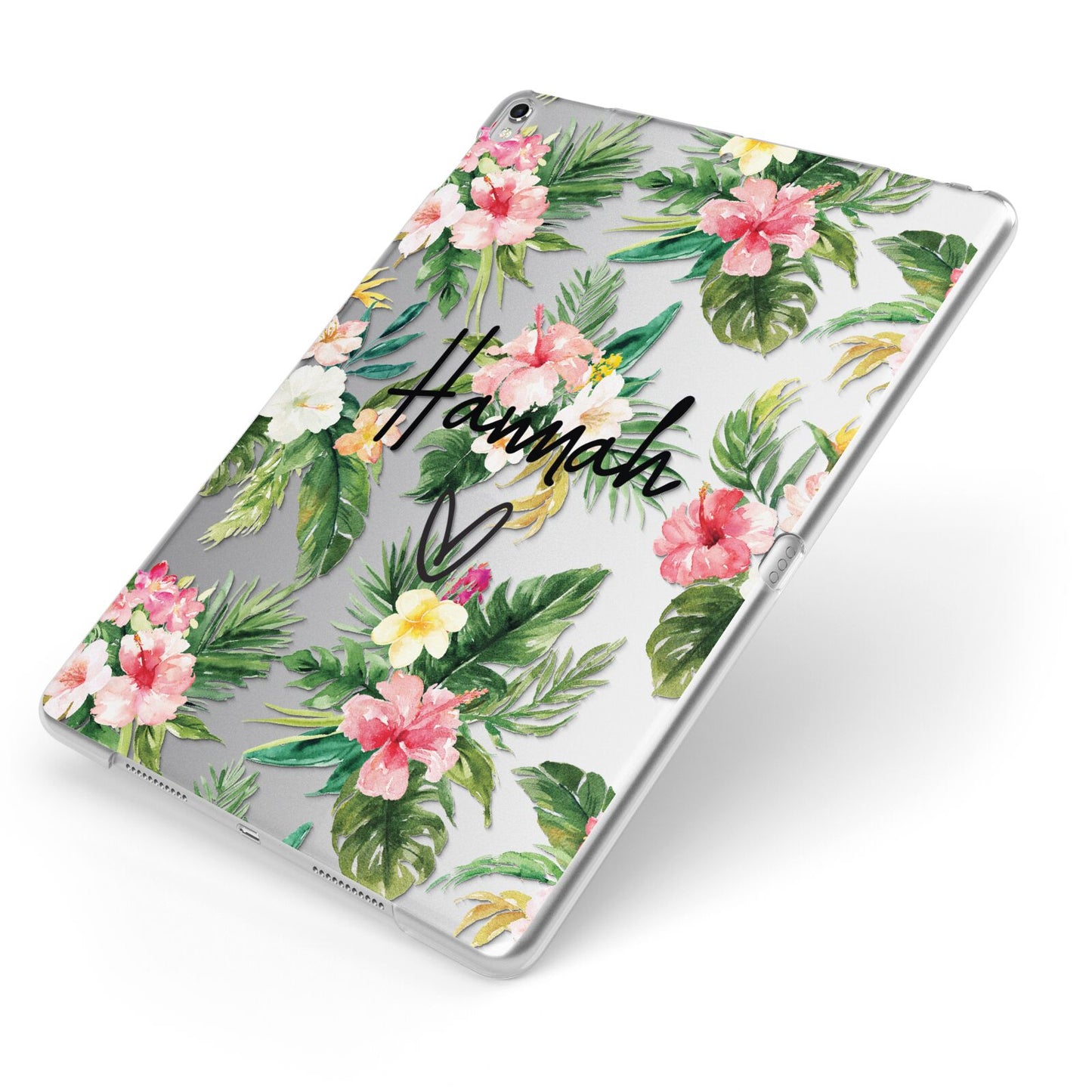 Personalised Tropical Floral Pink Apple iPad Case on Silver iPad Side View