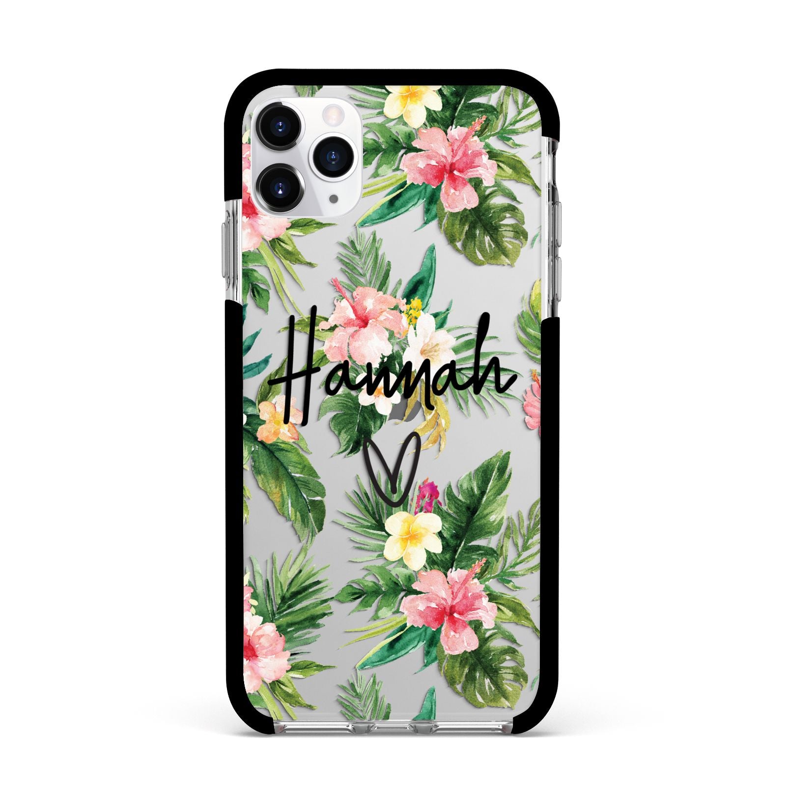 Personalised Tropical Floral Pink Apple iPhone 11 Pro Max in Silver with Black Impact Case