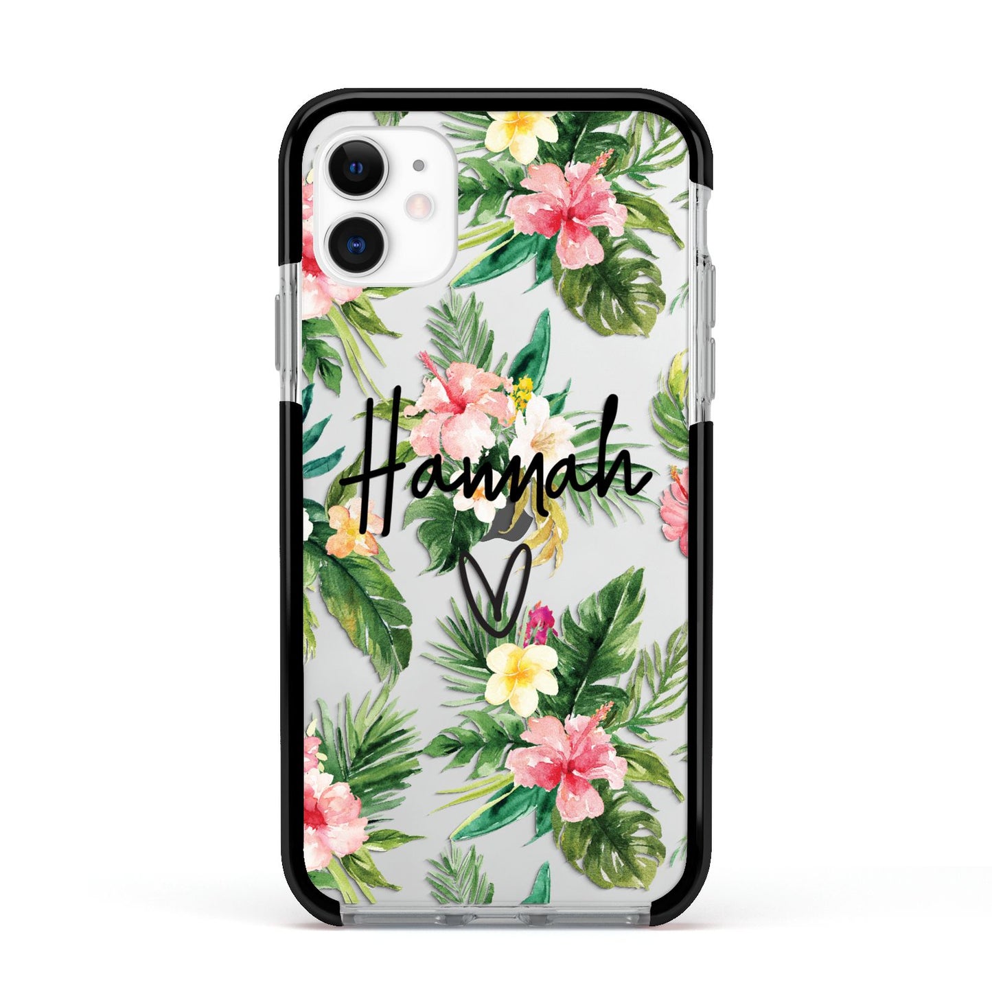 Personalised Tropical Floral Pink Apple iPhone 11 in White with Black Impact Case