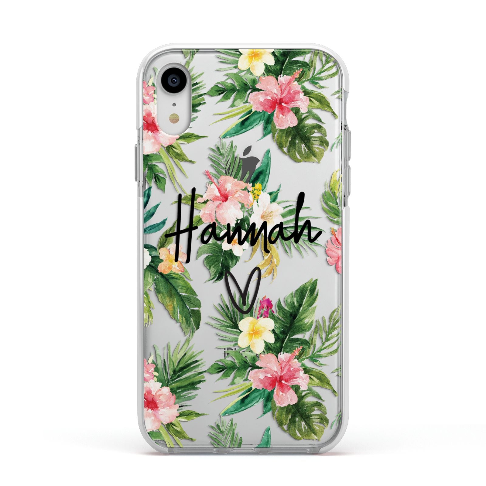 Personalised Tropical Floral Pink Apple iPhone XR Impact Case White Edge on Silver Phone