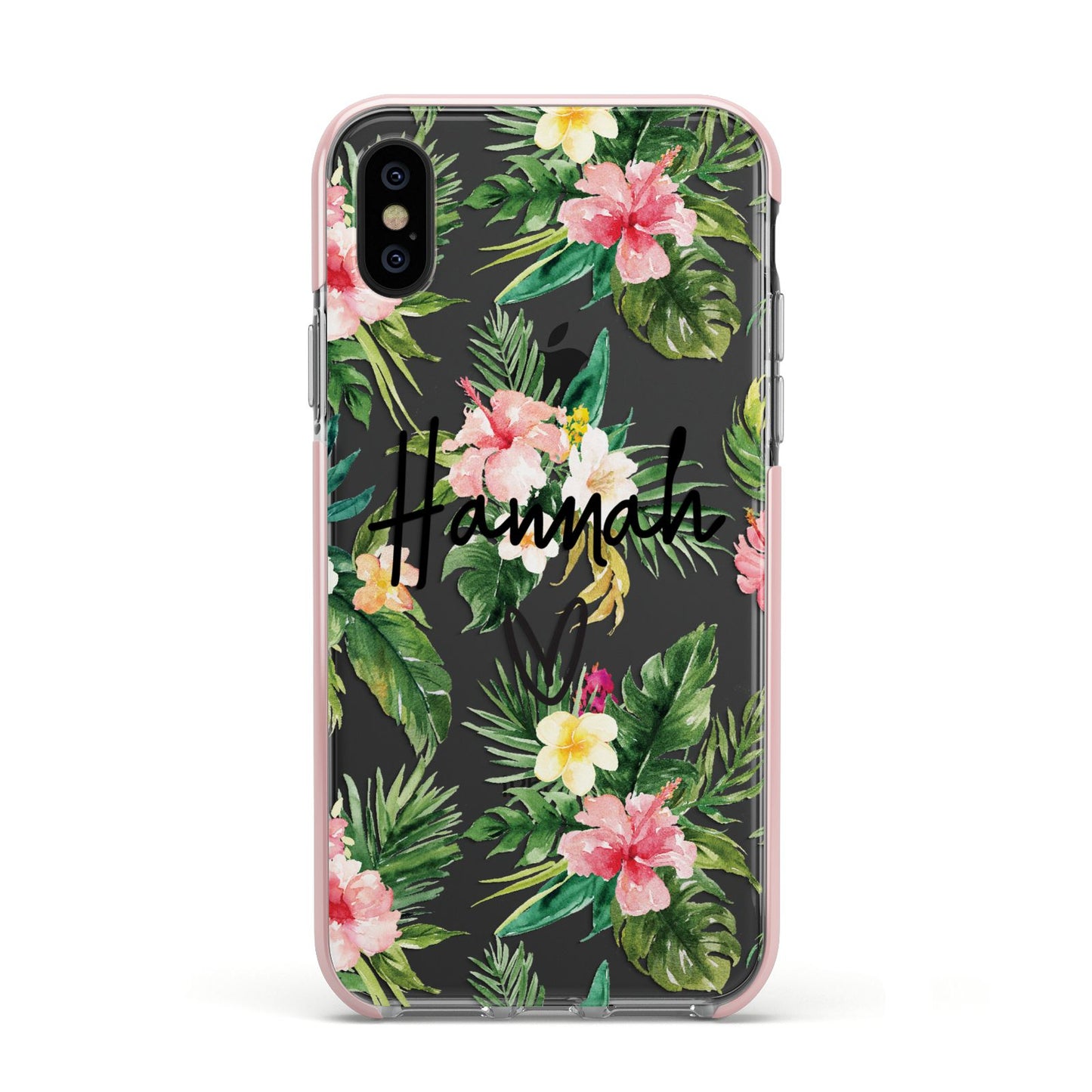 Personalised Tropical Floral Pink Apple iPhone Xs Impact Case Pink Edge on Black Phone