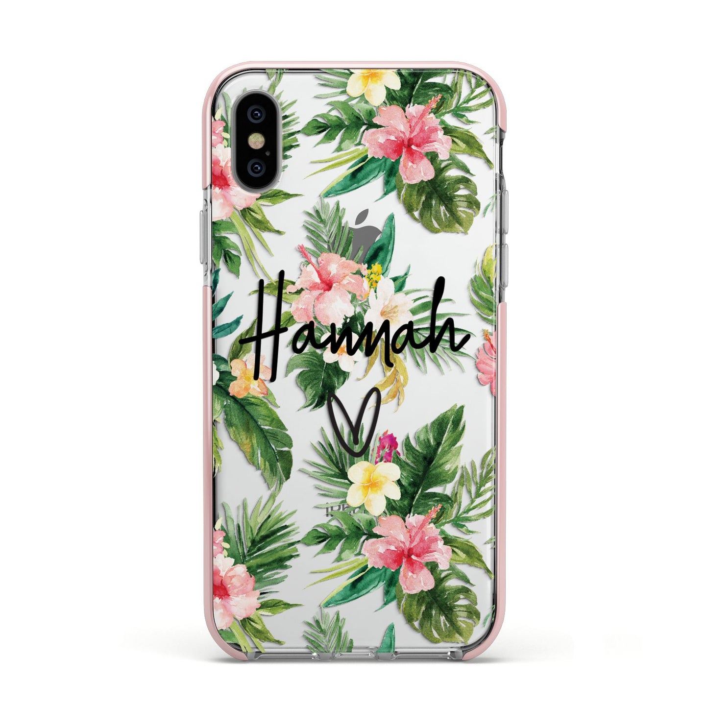 Personalised Tropical Floral Pink Apple iPhone Xs Impact Case Pink Edge on Silver Phone