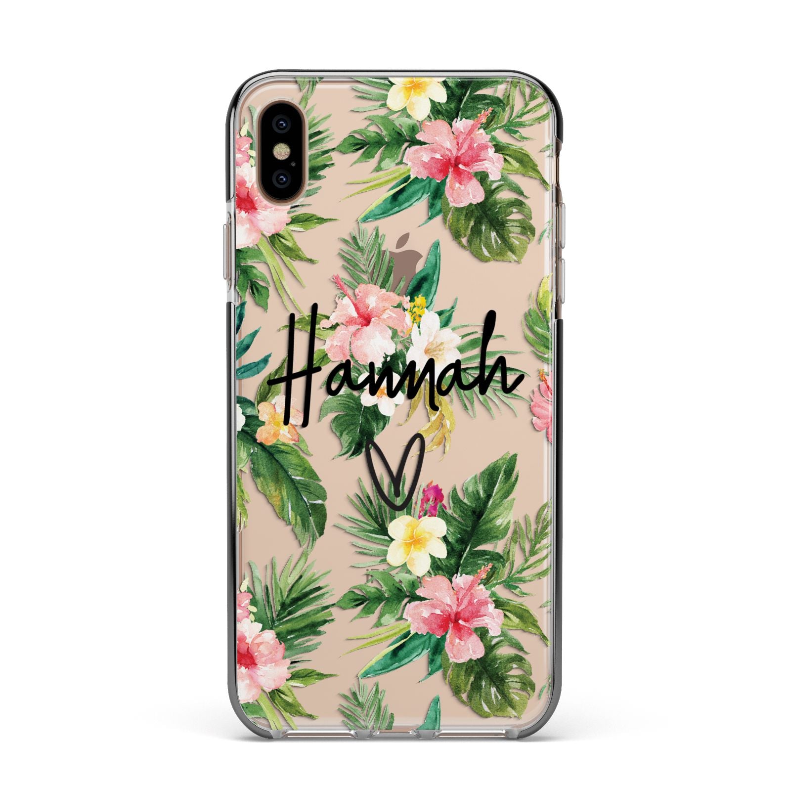 Personalised Tropical Floral Pink Apple iPhone Xs Max Impact Case Black Edge on Gold Phone
