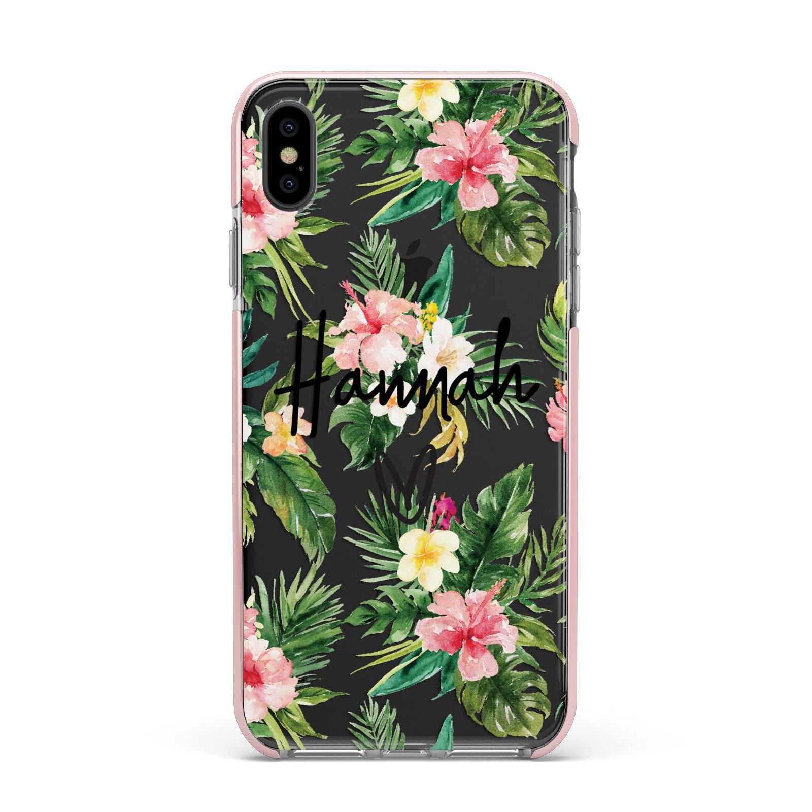 Personalised Tropical Floral Pink Apple iPhone Xs Max Impact Case Pink Edge on Black Phone