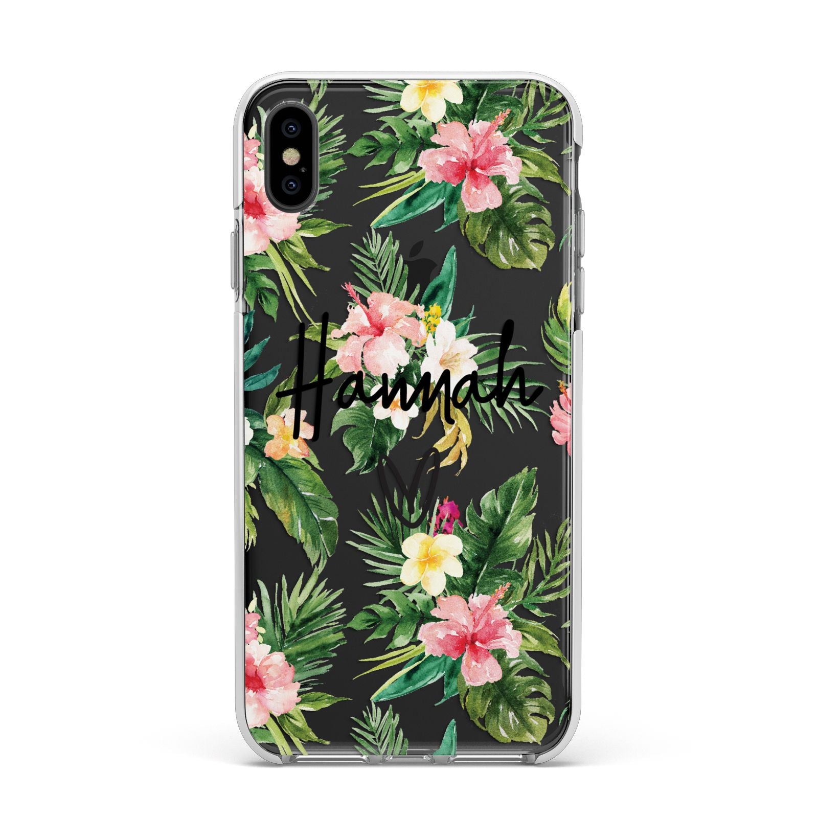 Personalised Tropical Floral Pink Apple iPhone Xs Max Impact Case White Edge on Black Phone