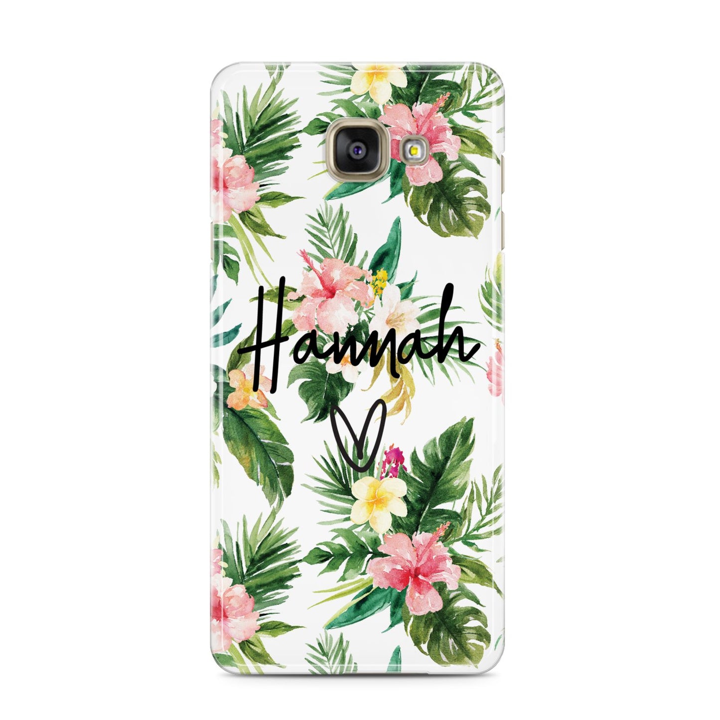 Personalised Tropical Floral Pink Samsung Galaxy A3 2016 Case on gold phone