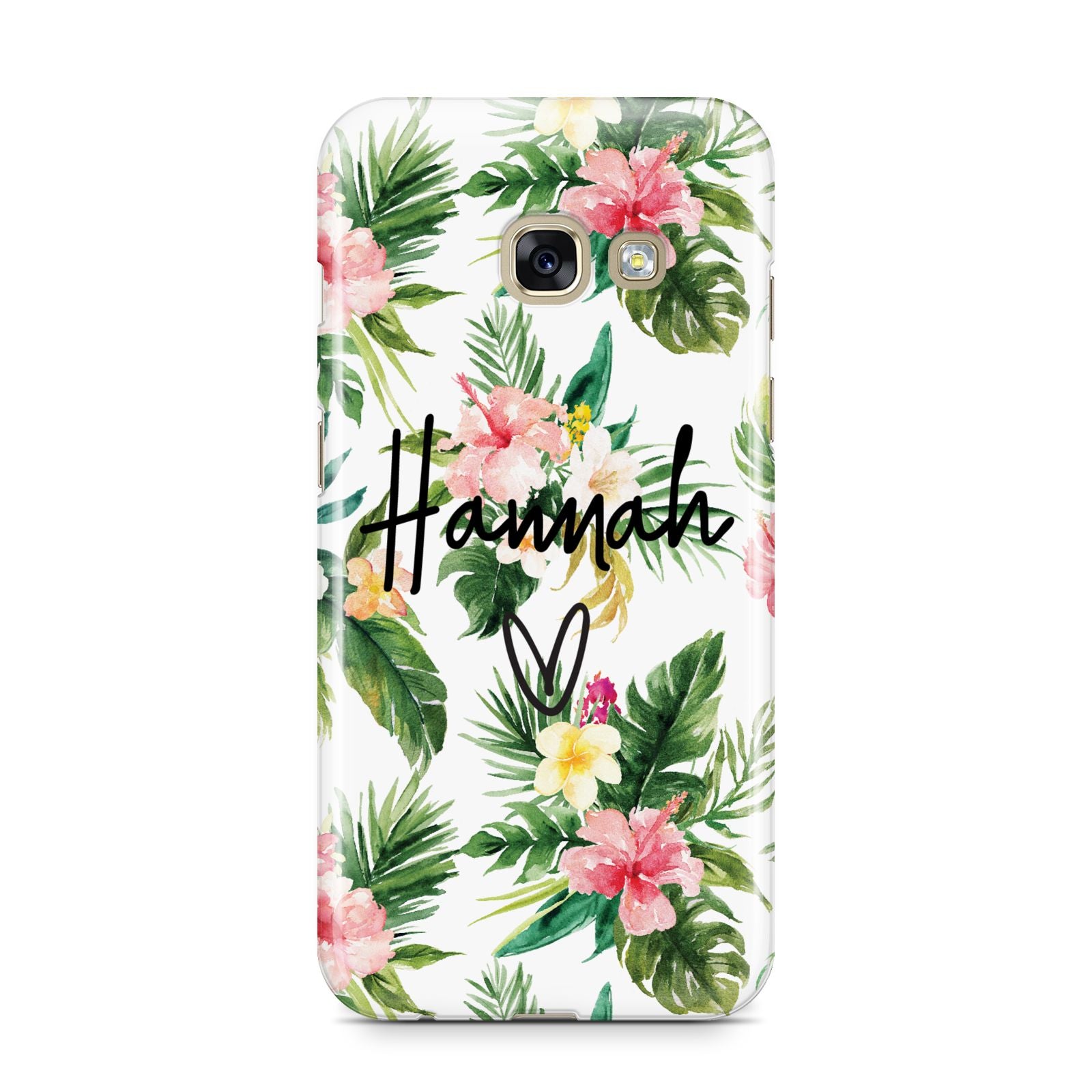 Personalised Tropical Floral Pink Samsung Galaxy A3 2017 Case on gold phone