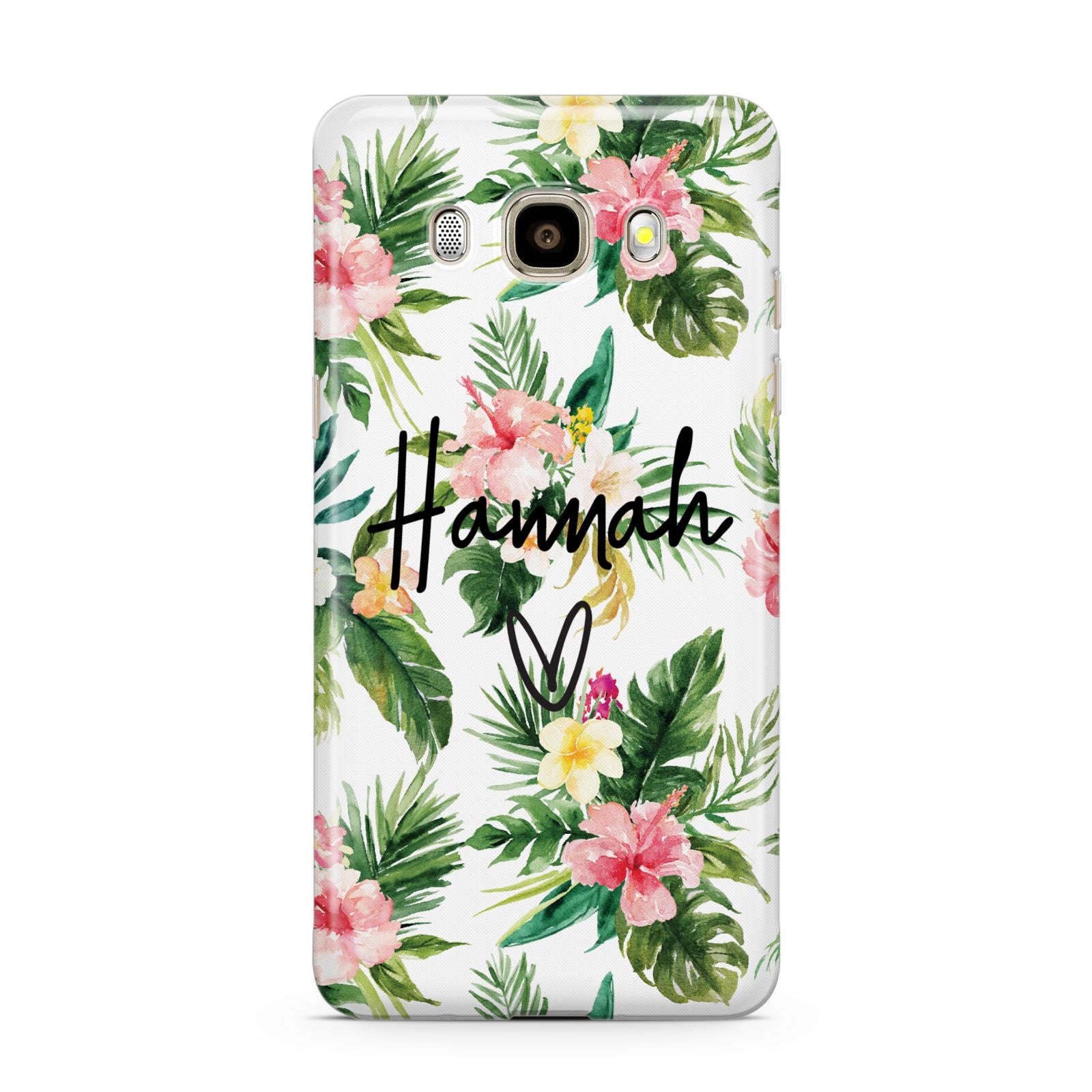 Personalised Tropical Floral Pink Samsung Galaxy J7 2016 Case on gold phone
