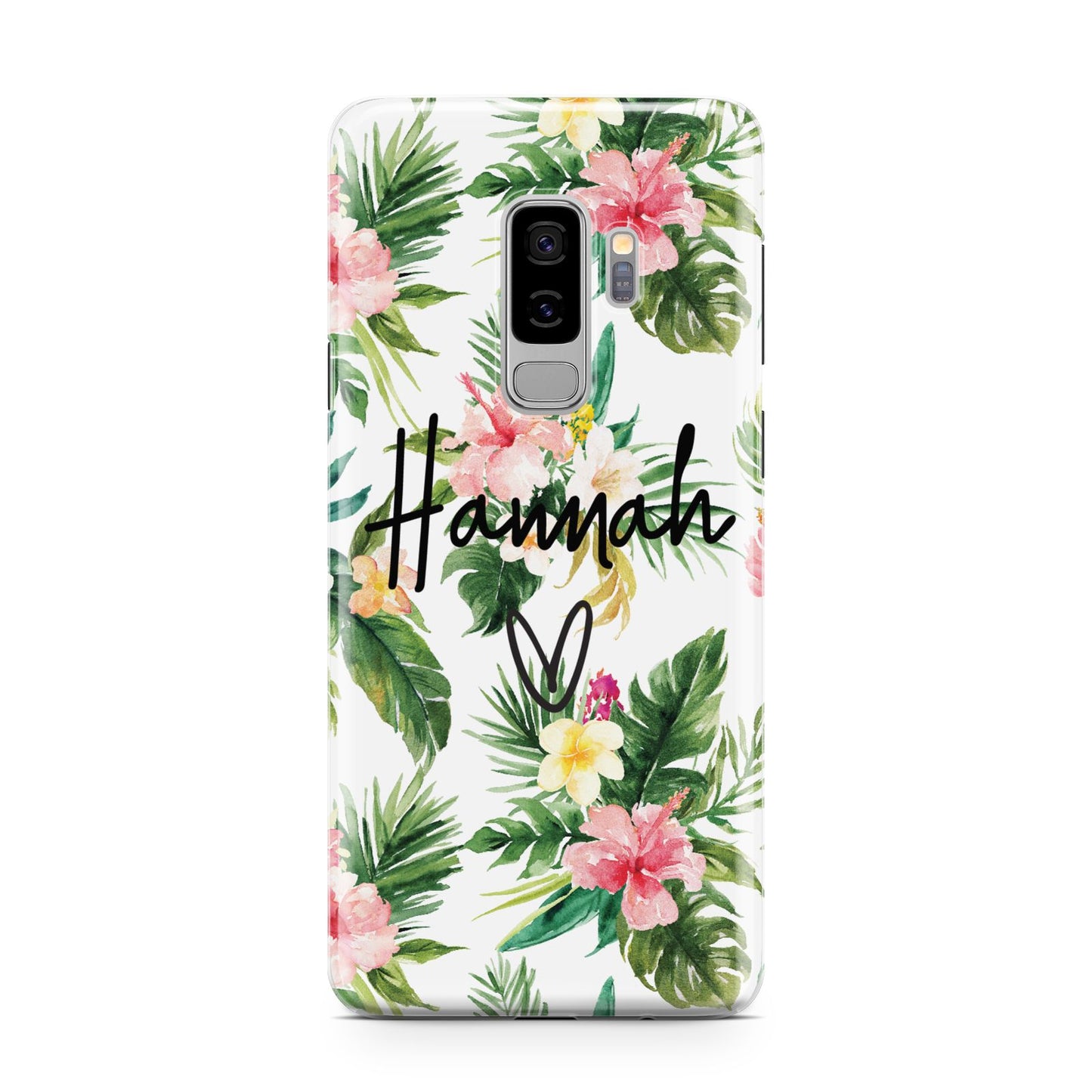 Personalised Tropical Floral Pink Samsung Galaxy S9 Plus Case on Silver phone