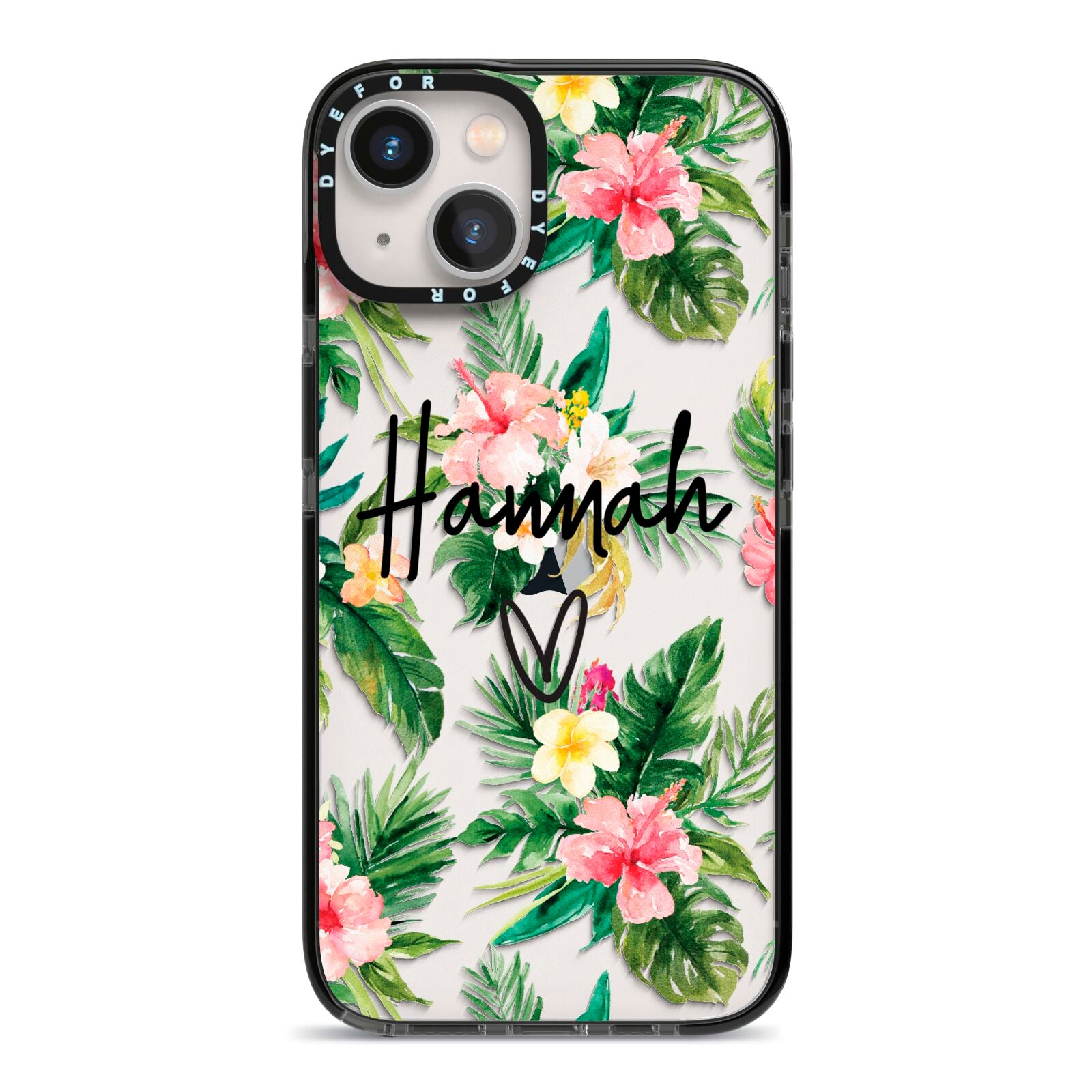 Personalised Tropical Floral Pink iPhone 13 Black Impact Case on Silver phone