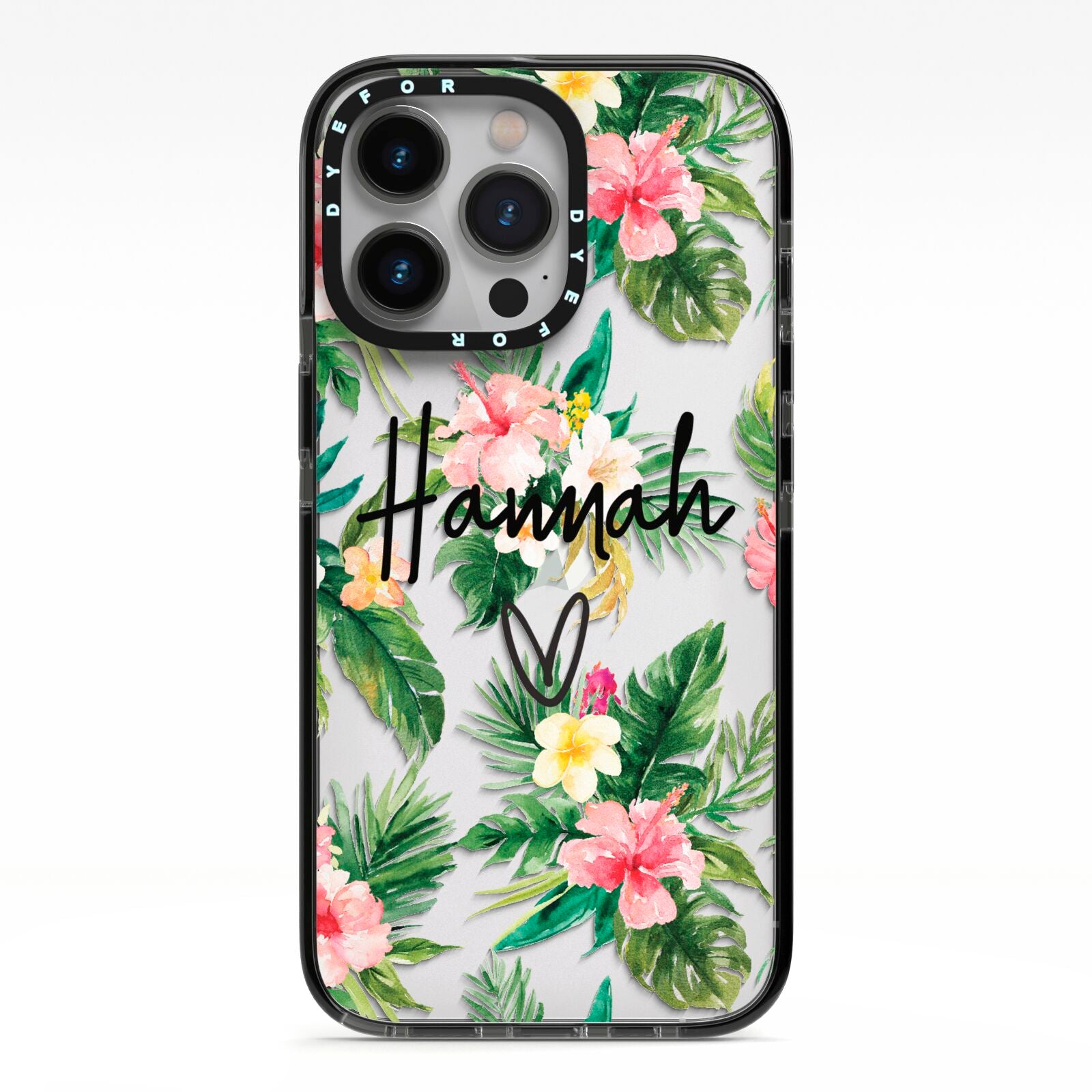 Personalised Tropical Floral Pink iPhone 13 Pro Black Impact Case on Silver phone