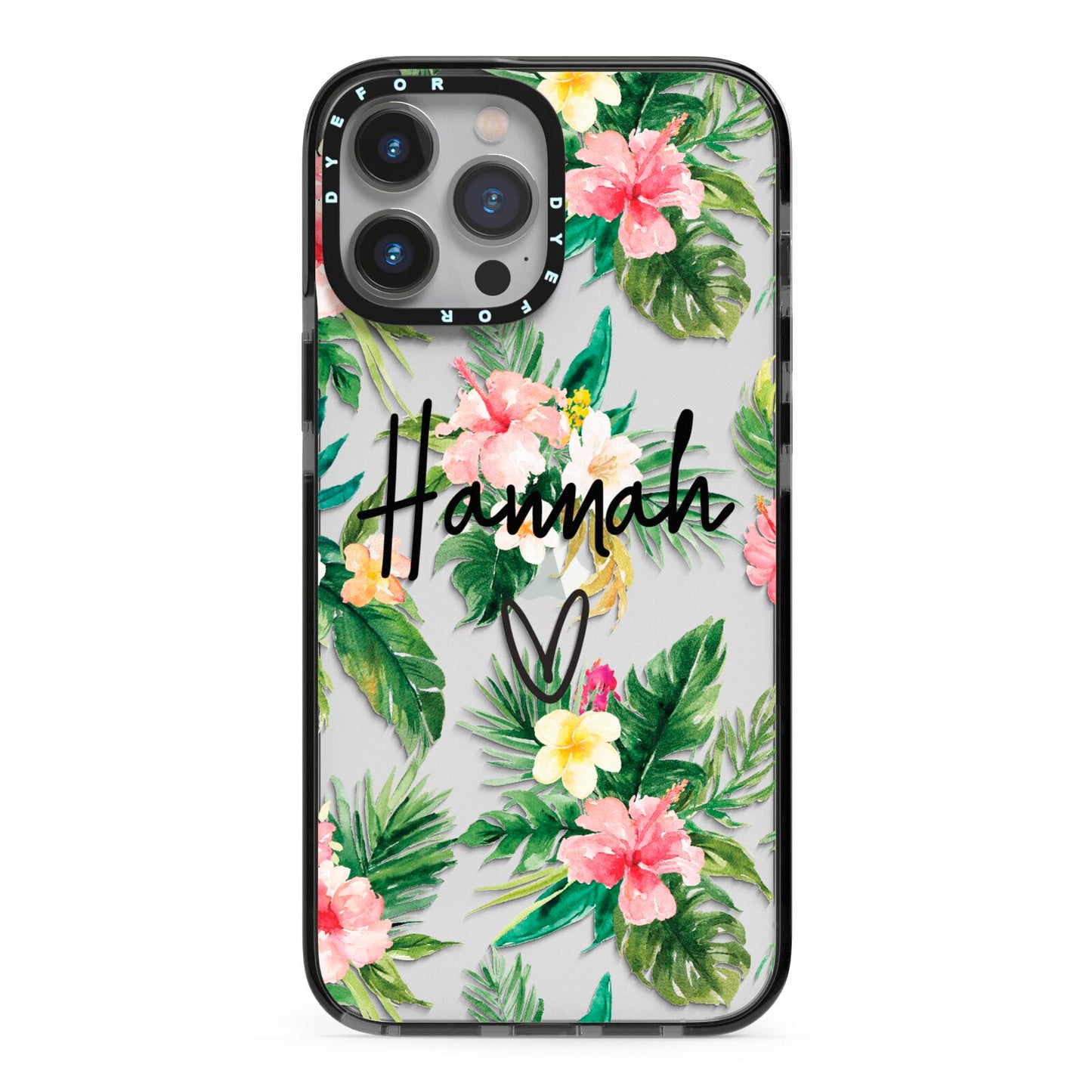 Personalised Tropical Floral Pink iPhone 13 Pro Max Black Impact Case on Silver phone