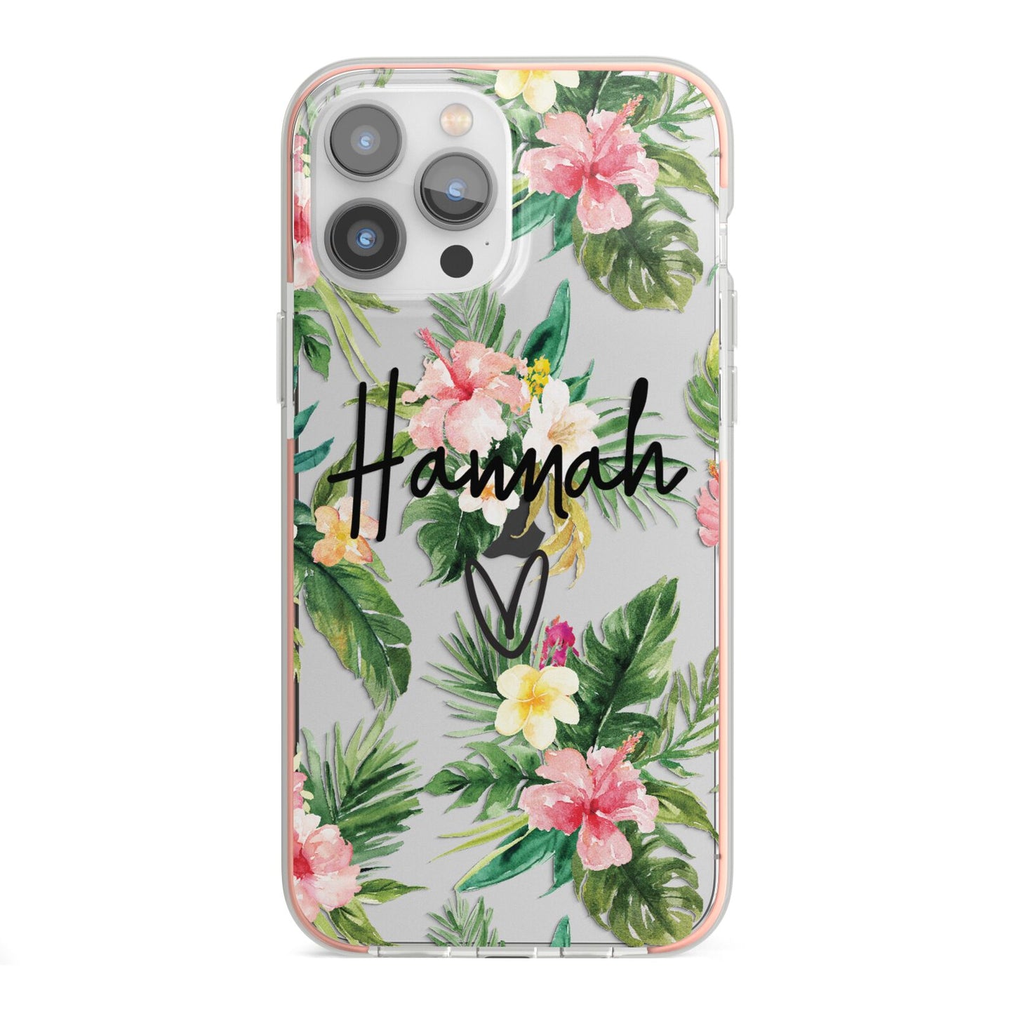 Personalised Tropical Floral Pink iPhone 13 Pro Max TPU Impact Case with Pink Edges