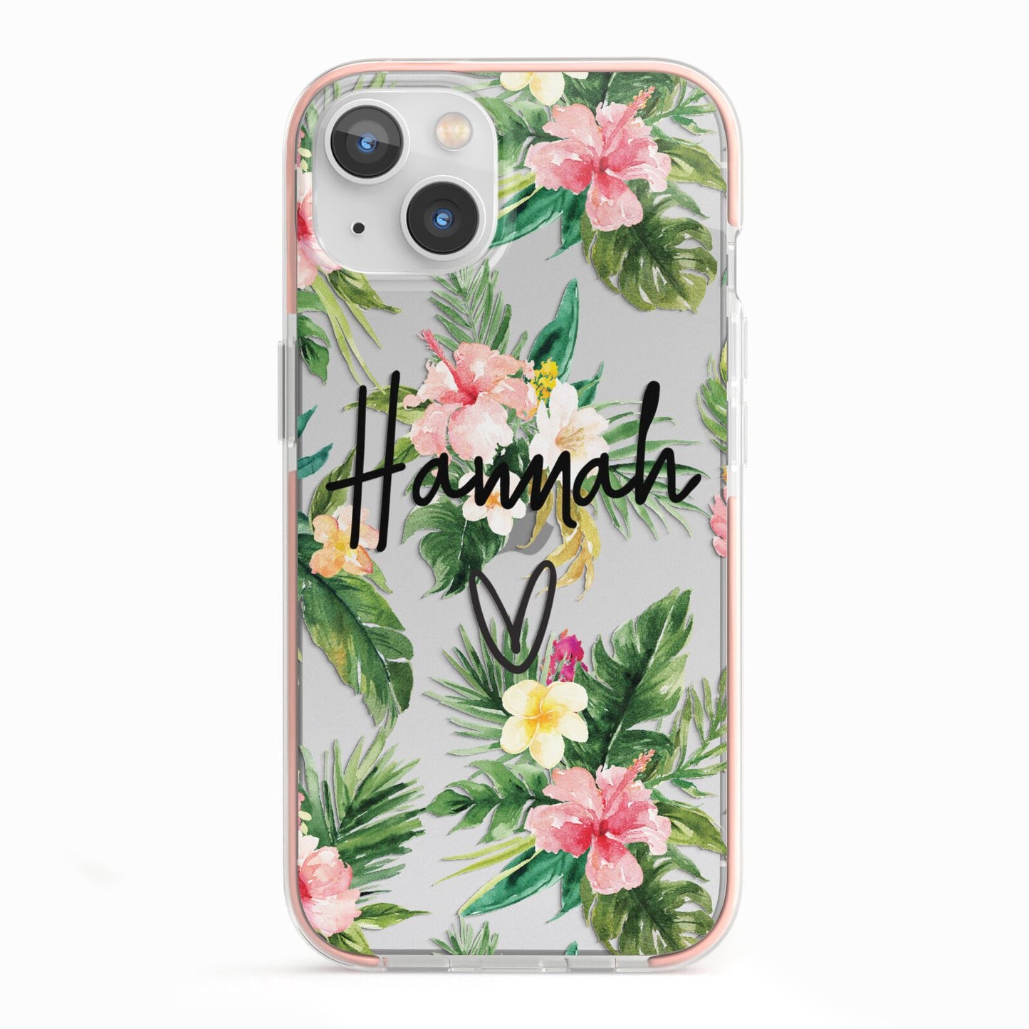 Personalised Tropical Floral Pink iPhone 13 TPU Impact Case with Pink Edges