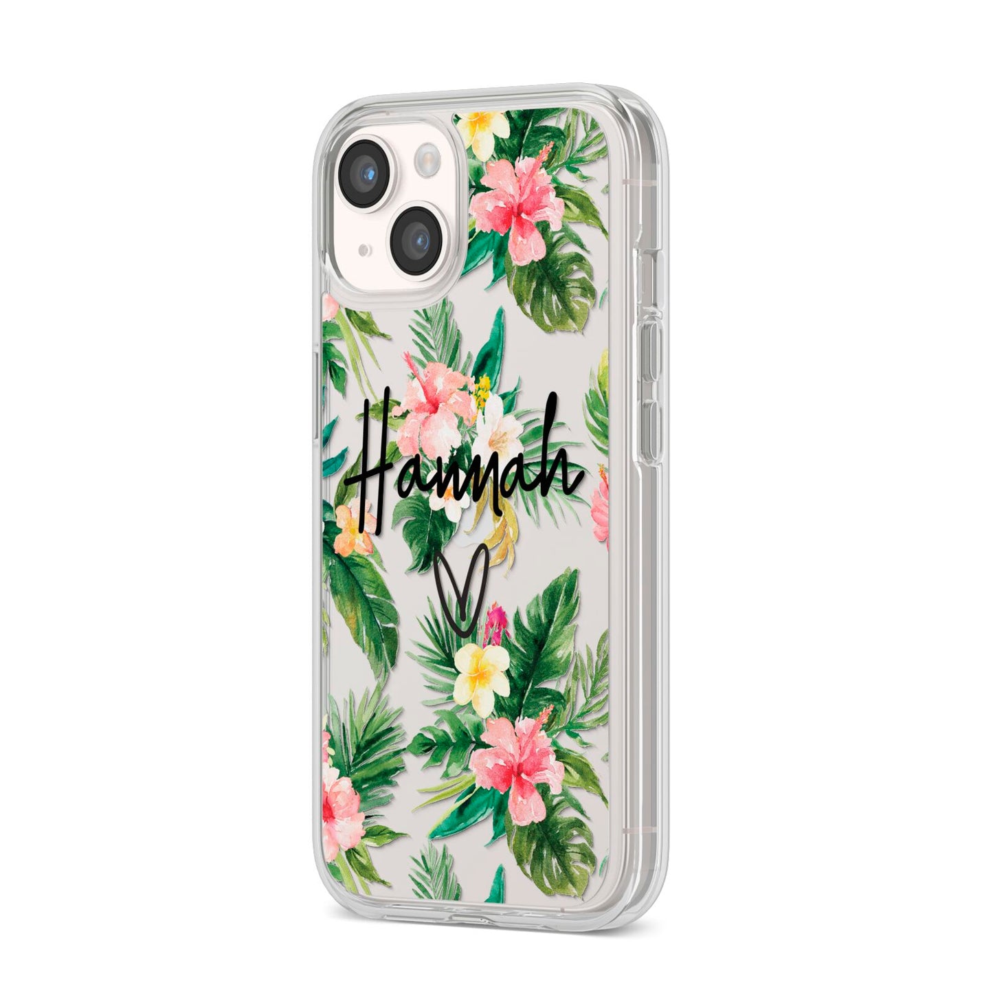 Personalised Tropical Floral Pink iPhone 14 Clear Tough Case Starlight Angled Image