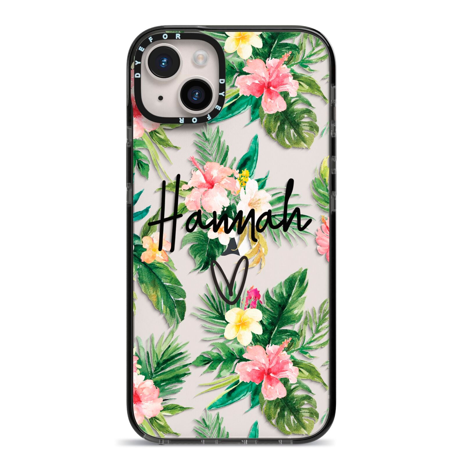 Personalised Tropical Floral Pink iPhone 14 Plus Black Impact Case on Silver phone