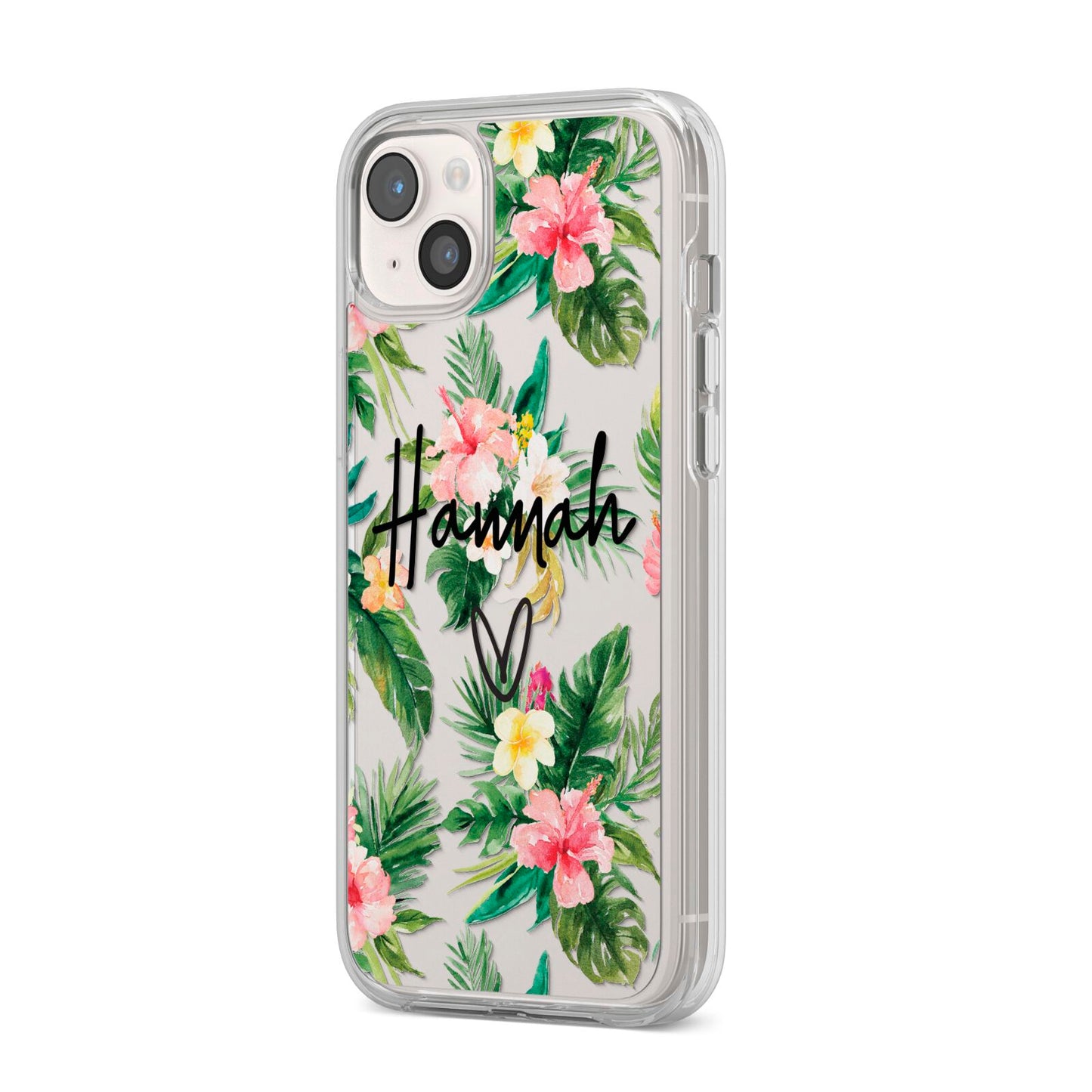 Personalised Tropical Floral Pink iPhone 14 Plus Clear Tough Case Starlight Angled Image