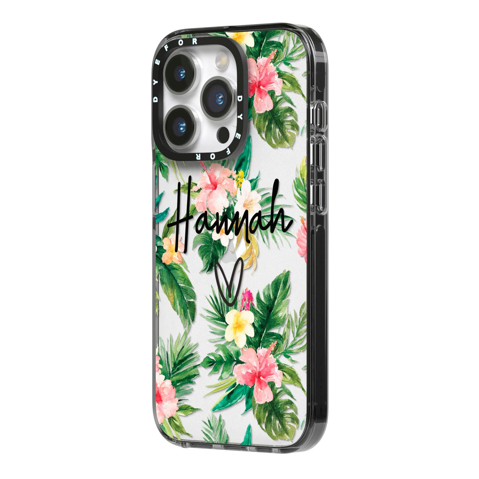 Personalised Tropical Floral Pink iPhone 14 Pro Black Impact Case Side Angle on Silver phone