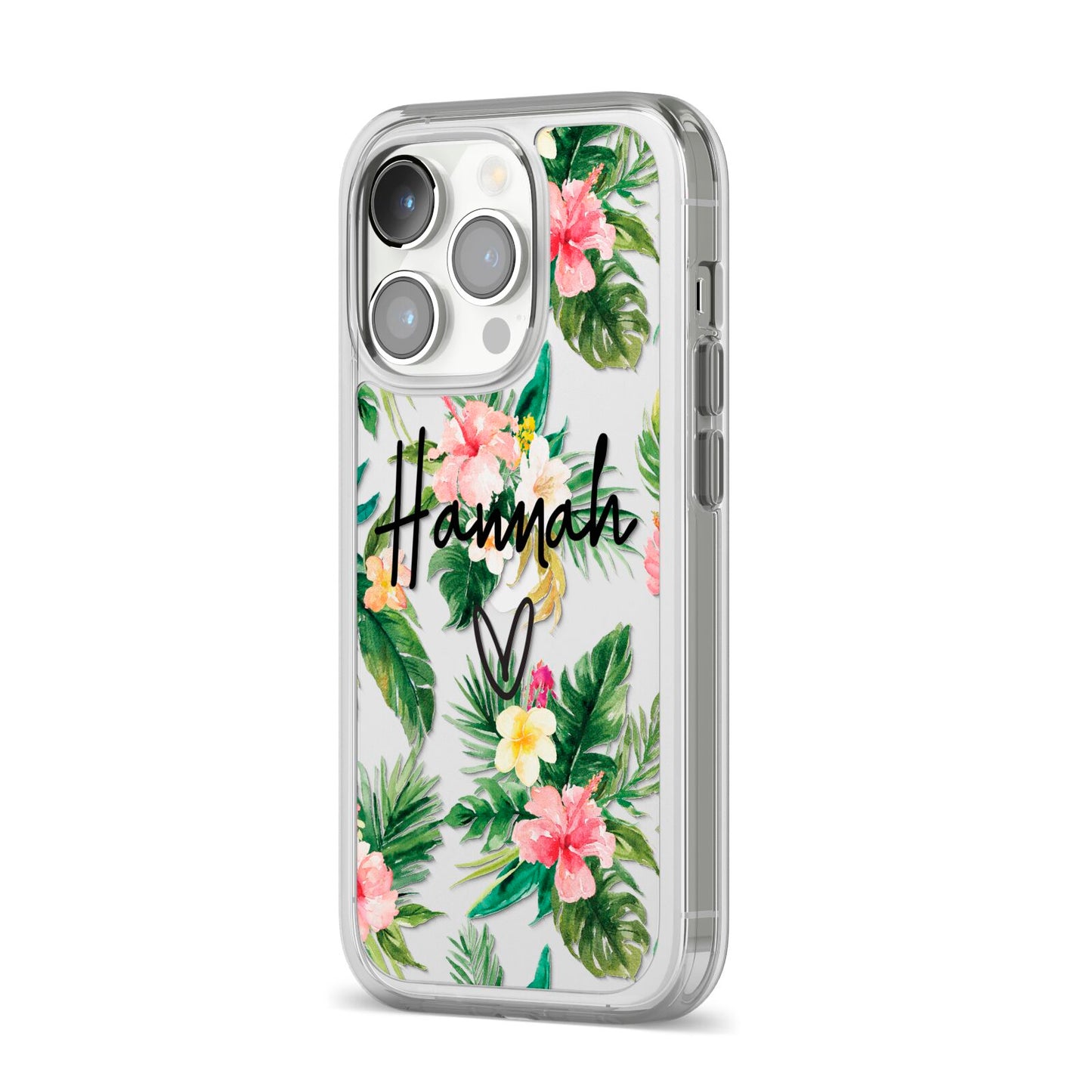 Personalised Tropical Floral Pink iPhone 14 Pro Clear Tough Case Silver Angled Image