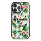 Personalised Tropical Floral Pink iPhone 14 Pro Max Black Impact Case on Silver phone